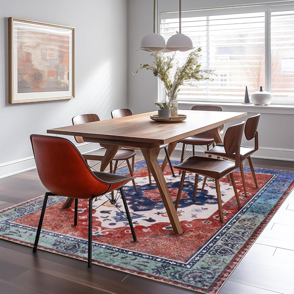 Washable Traditional Area Rug, Thin Foldable Distressed Floral Non-Slip Carpet for Bedroom Living Room Kitchen