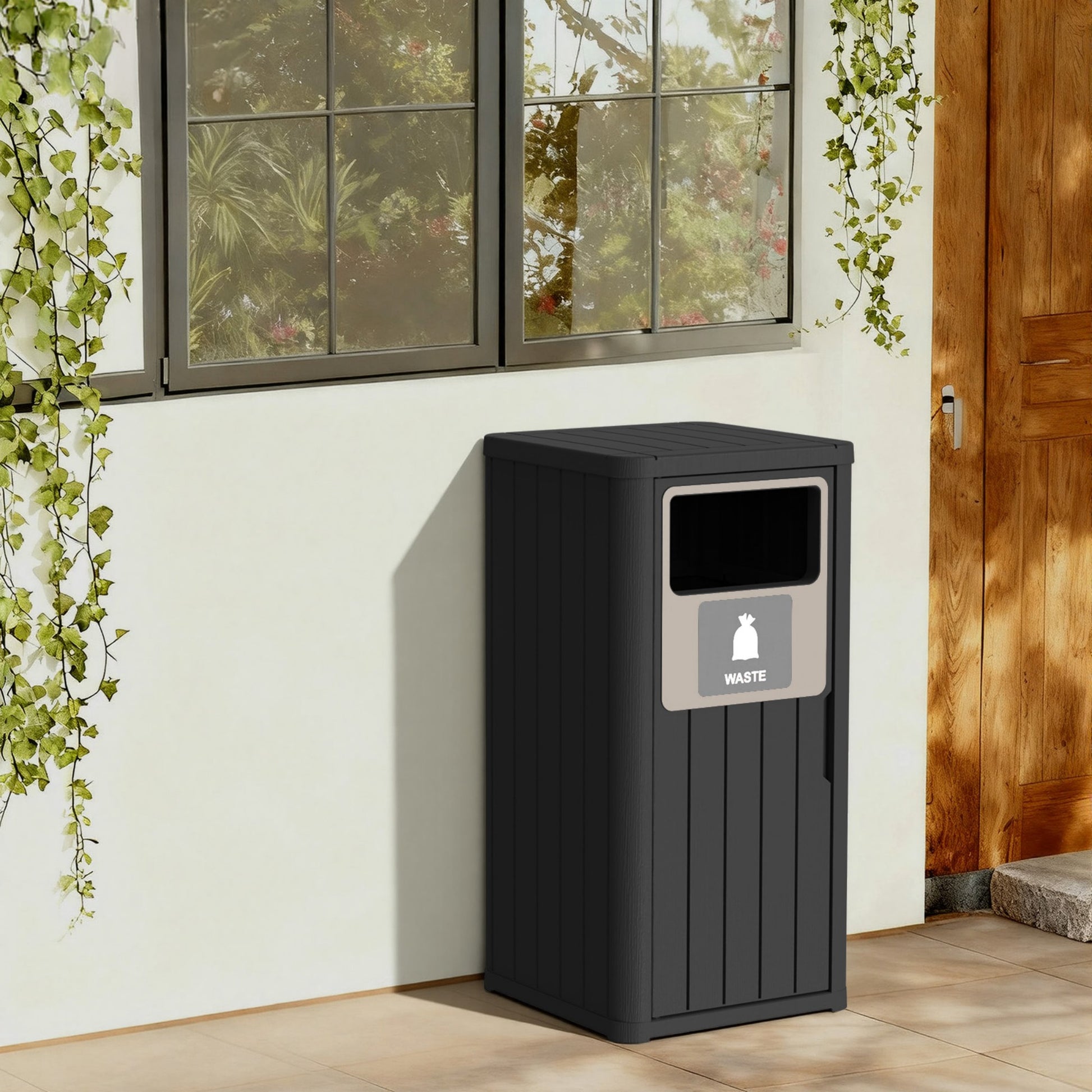 21 Gallon Outdoor Trash Bin, Resin Manual Lift Garbage & Recycling Storage Deck Box with Lid