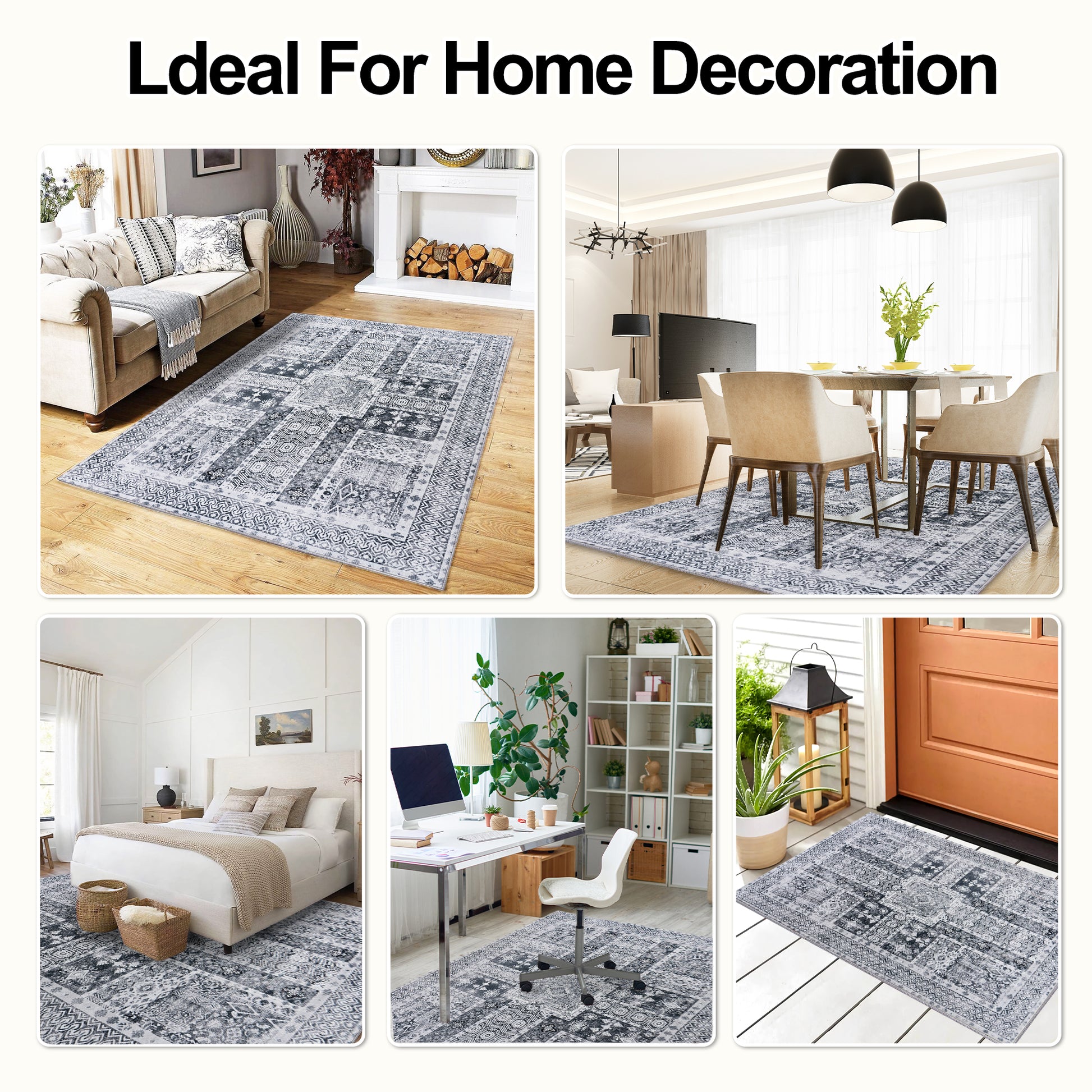 5x7ft Washable Vintage Area Rug, Thin Foldable Non-Slip Distressed Floral Carpet for Bedroom Living Room Bathroom