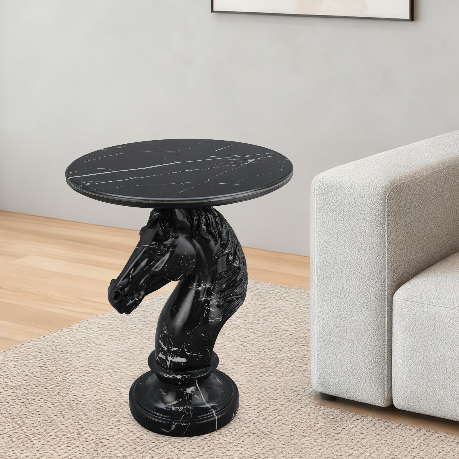 Black Horse Head Accent Table, Animal Statue End Table for Living Room
