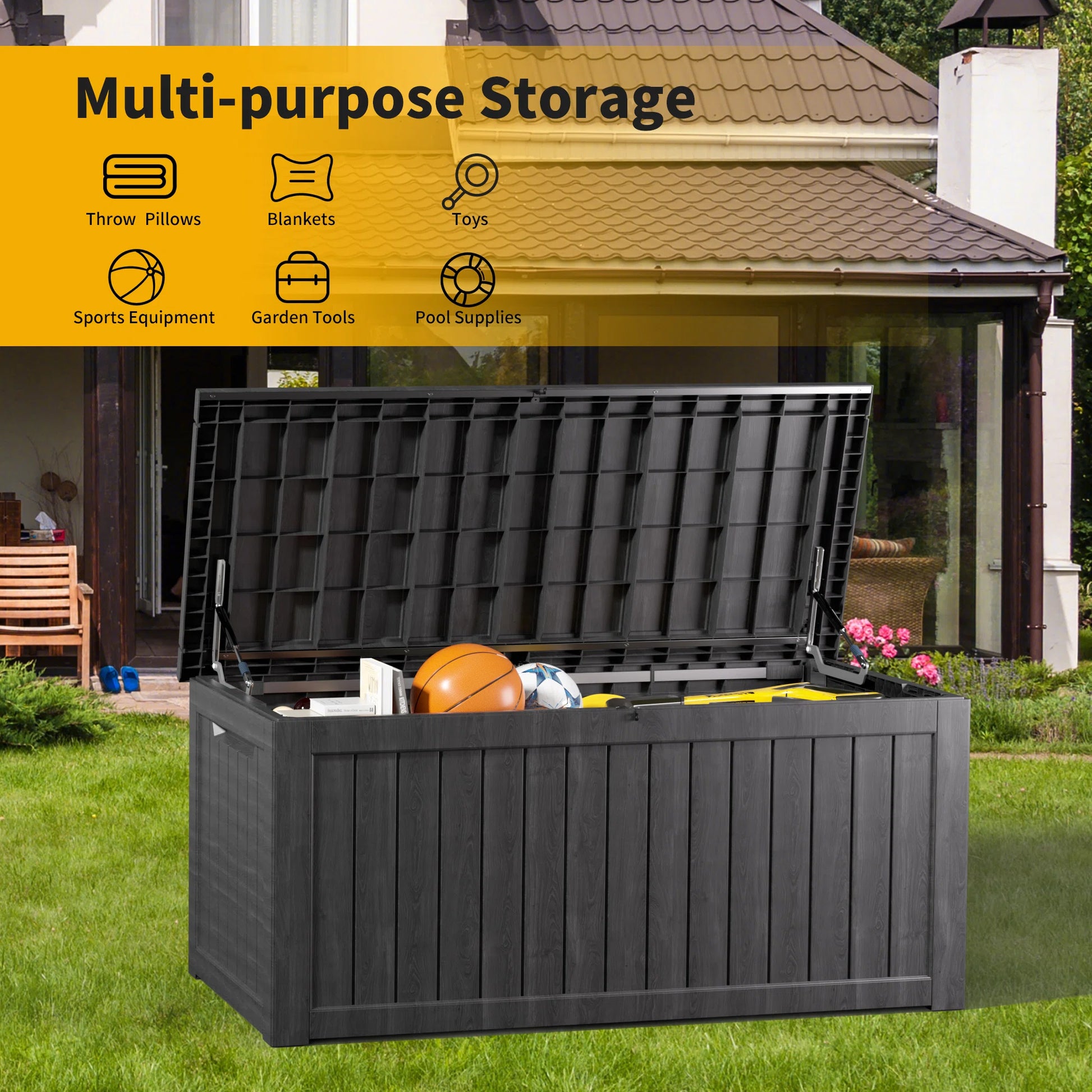 230 Gallon Resin Deck Box, Water-Resistant Lockable Outdoor Storage Box for Patio Organization