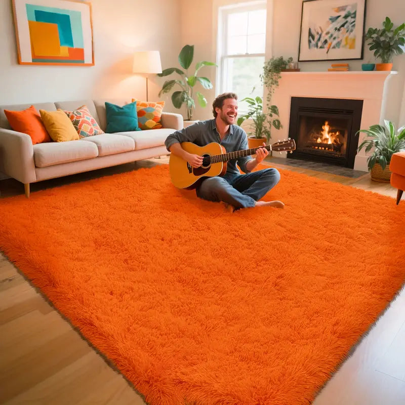 Orange Shag Rug, Ultra Soft 1.7" Thick, Non-Slip, 100% Polyester, Square & Round for Bedroom/Living Room