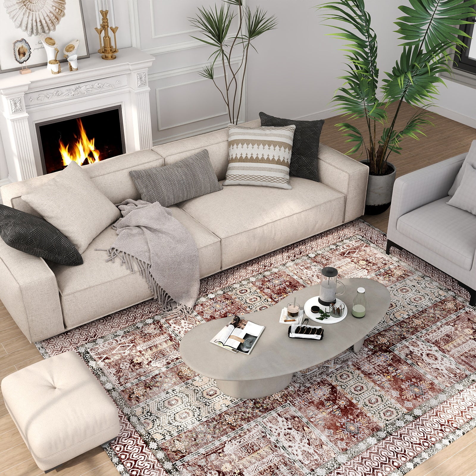 5x7ft Washable Vintage Area Rug, Thin Foldable Non-Slip Distressed Floral Carpet for Bedroom Living Room Bathroom