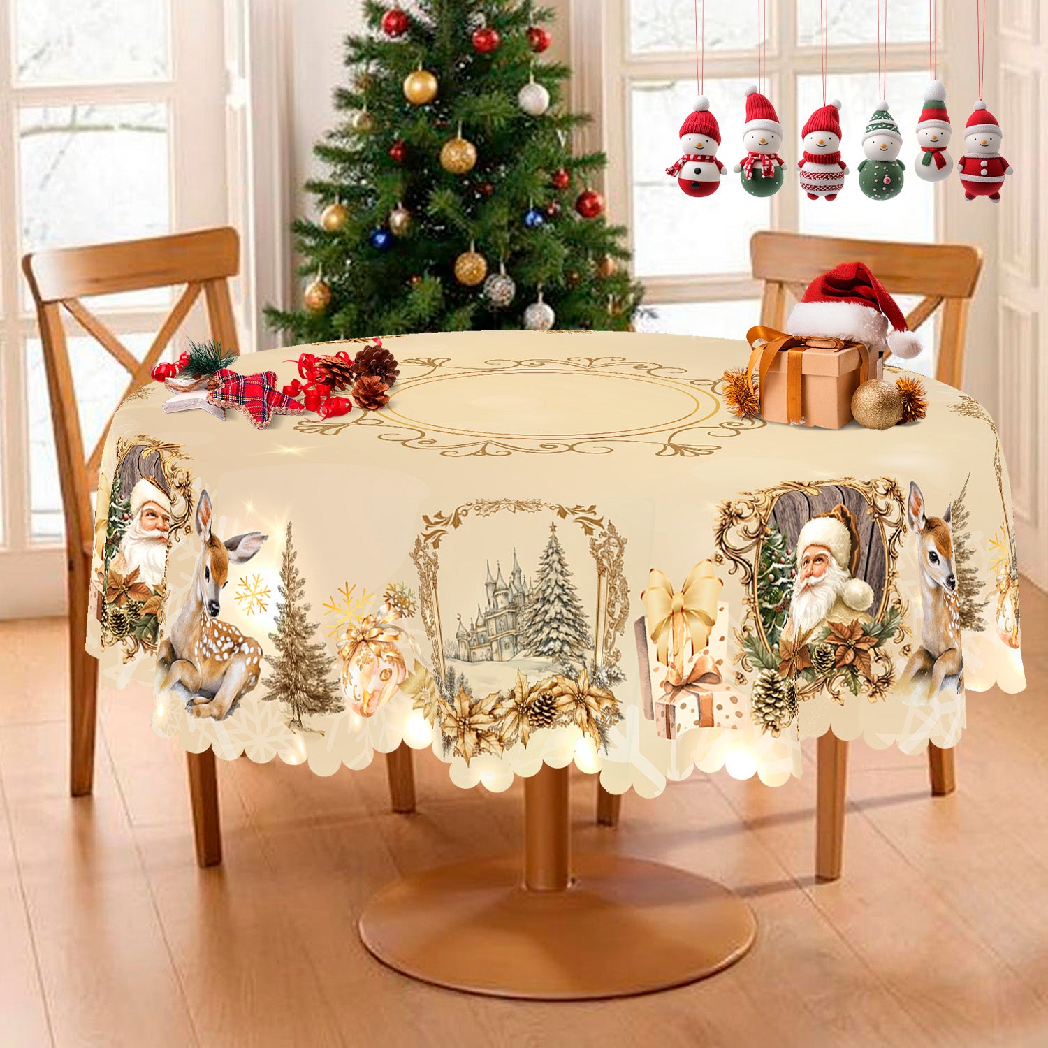 Christmas Tablecloth, Santa Claus and Christmas tree Stain-Resistant Table Cover for Dining Table Holiday Decor