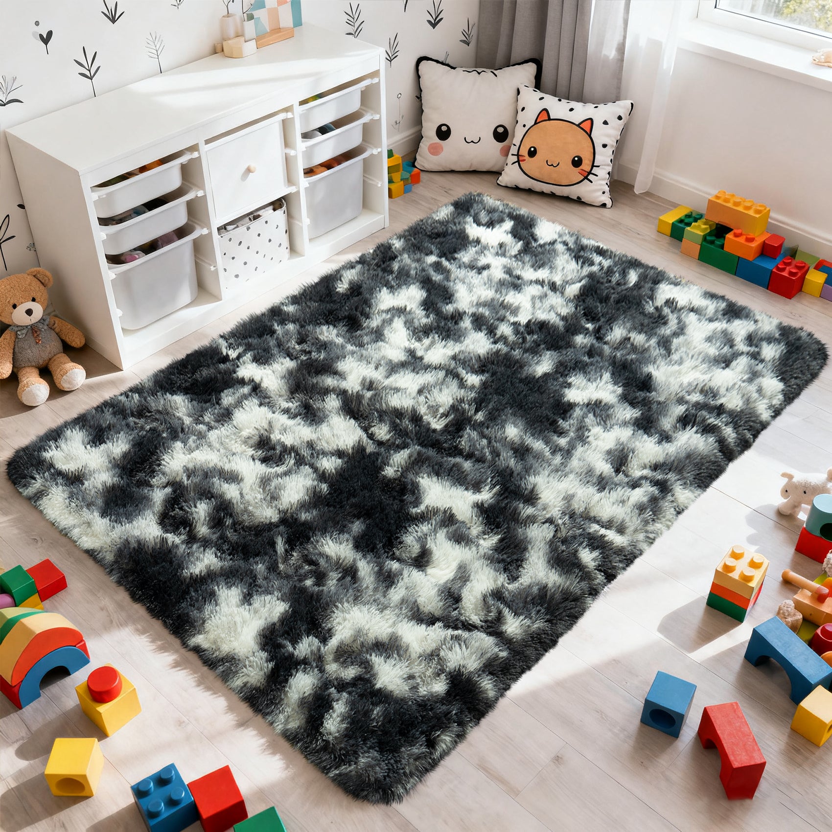 Extra Large Plush Shag Area Rug, 1.7" Thick Ultra Soft Non-Slip Tie-Dye Peacock Blue Mat
