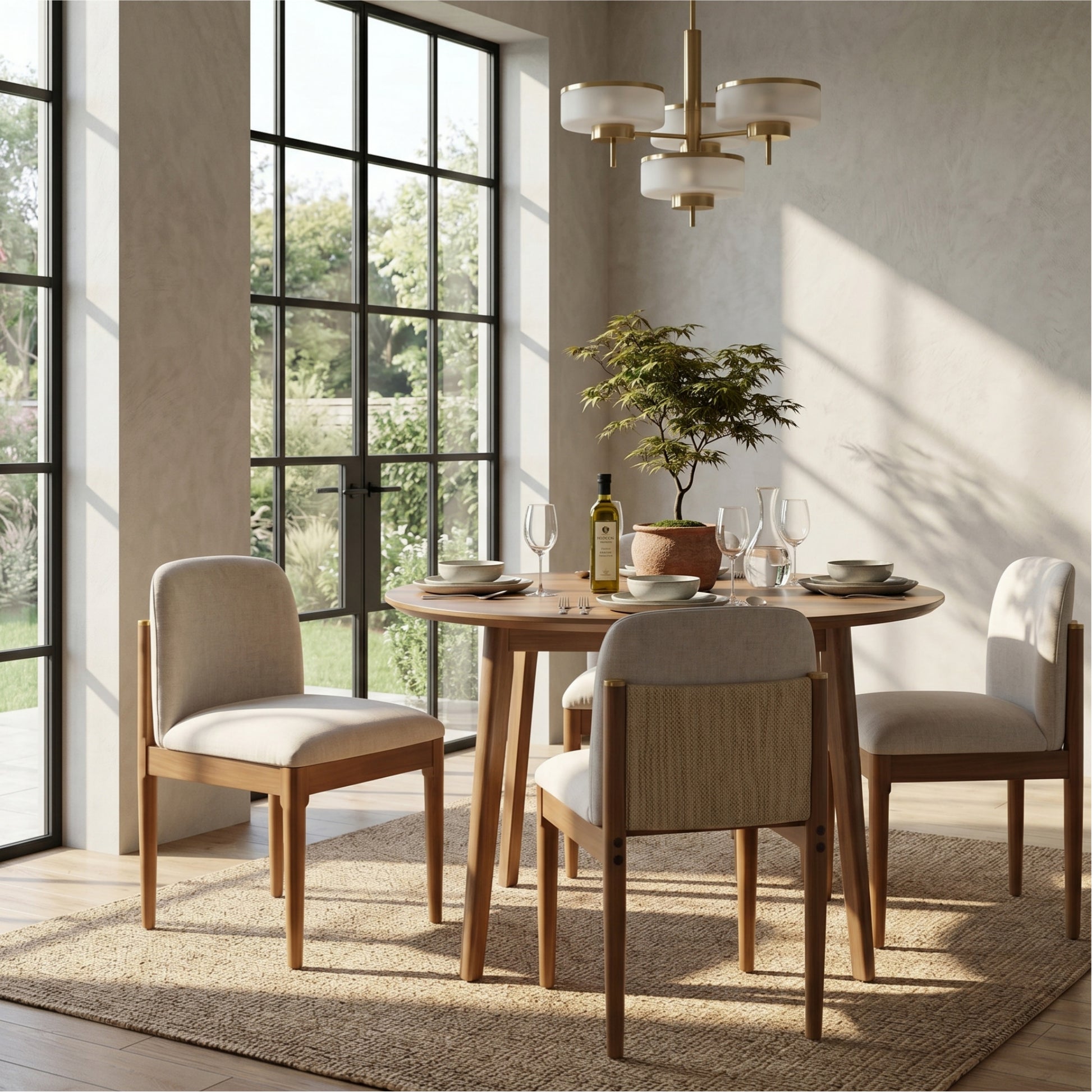 Solid Wood Dining Chairs with Curved Backrest & Elegant Brass Accents (Set of 2)