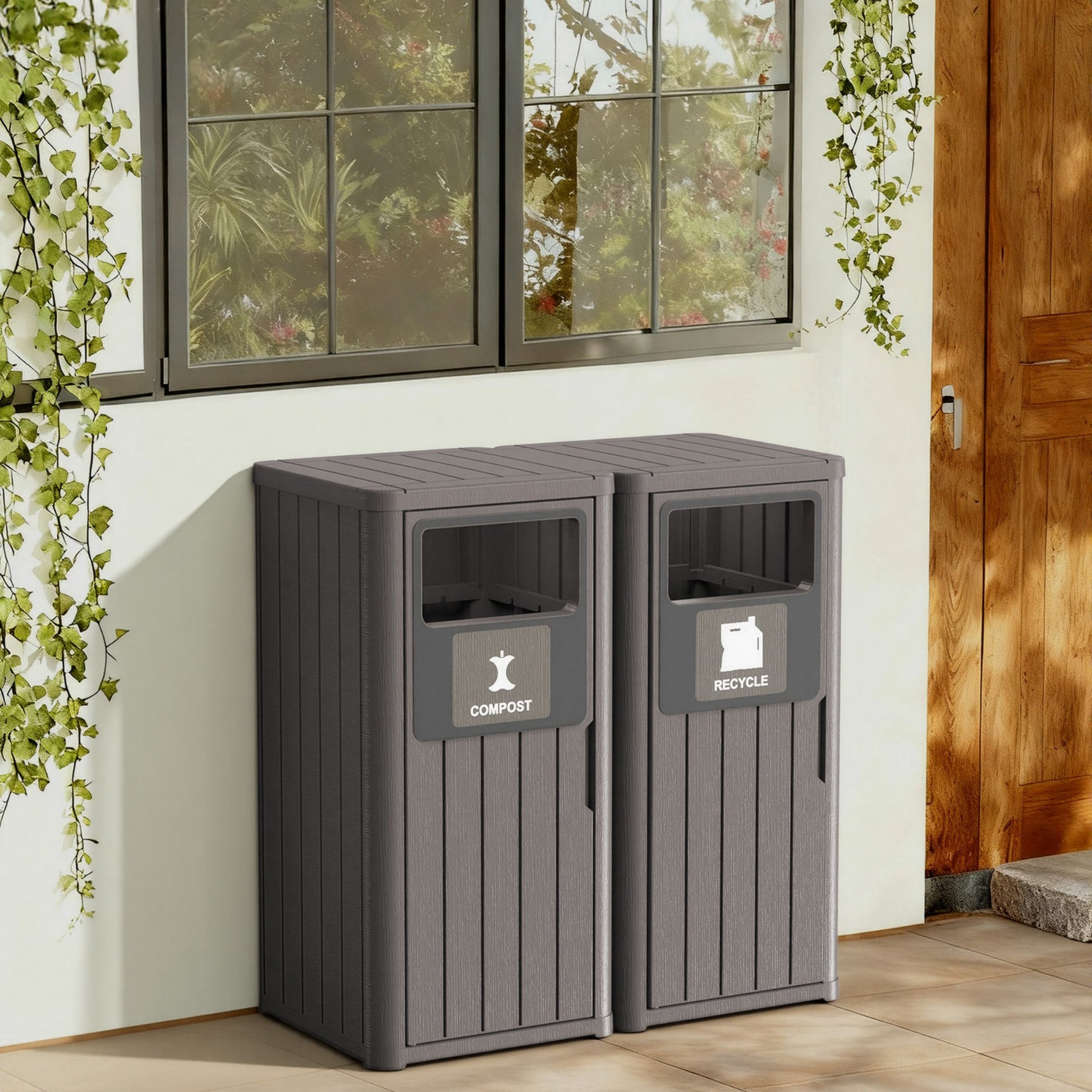 42 Gallon Outdoor Trash Bin, Resin Manual Lift Garbage & Recycling Storage Deck Box with Lid Double-Bucket