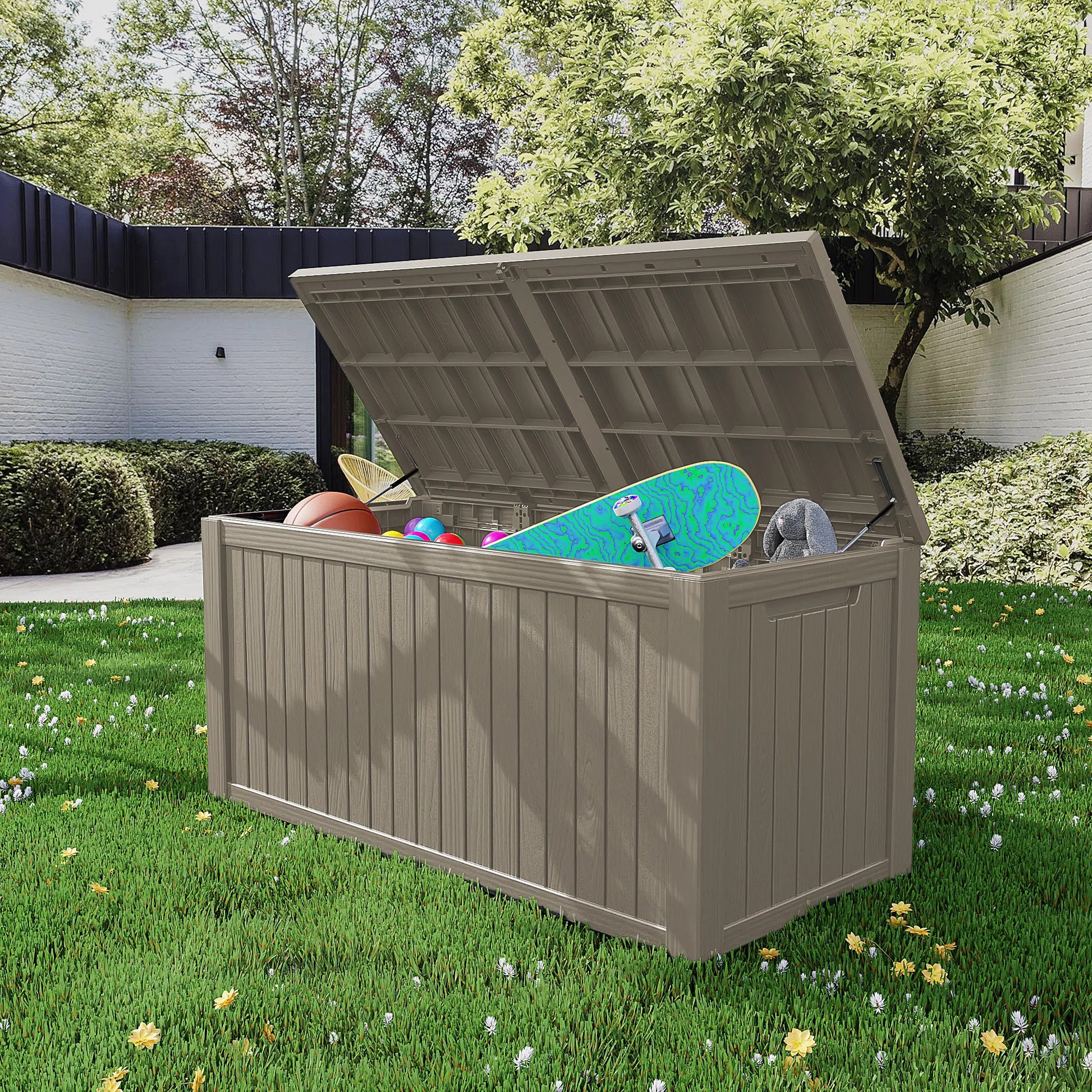 180 Gallon Resin Deck Box, Water-Resistant Lockable Outdoor Storage Box for Patio Organization