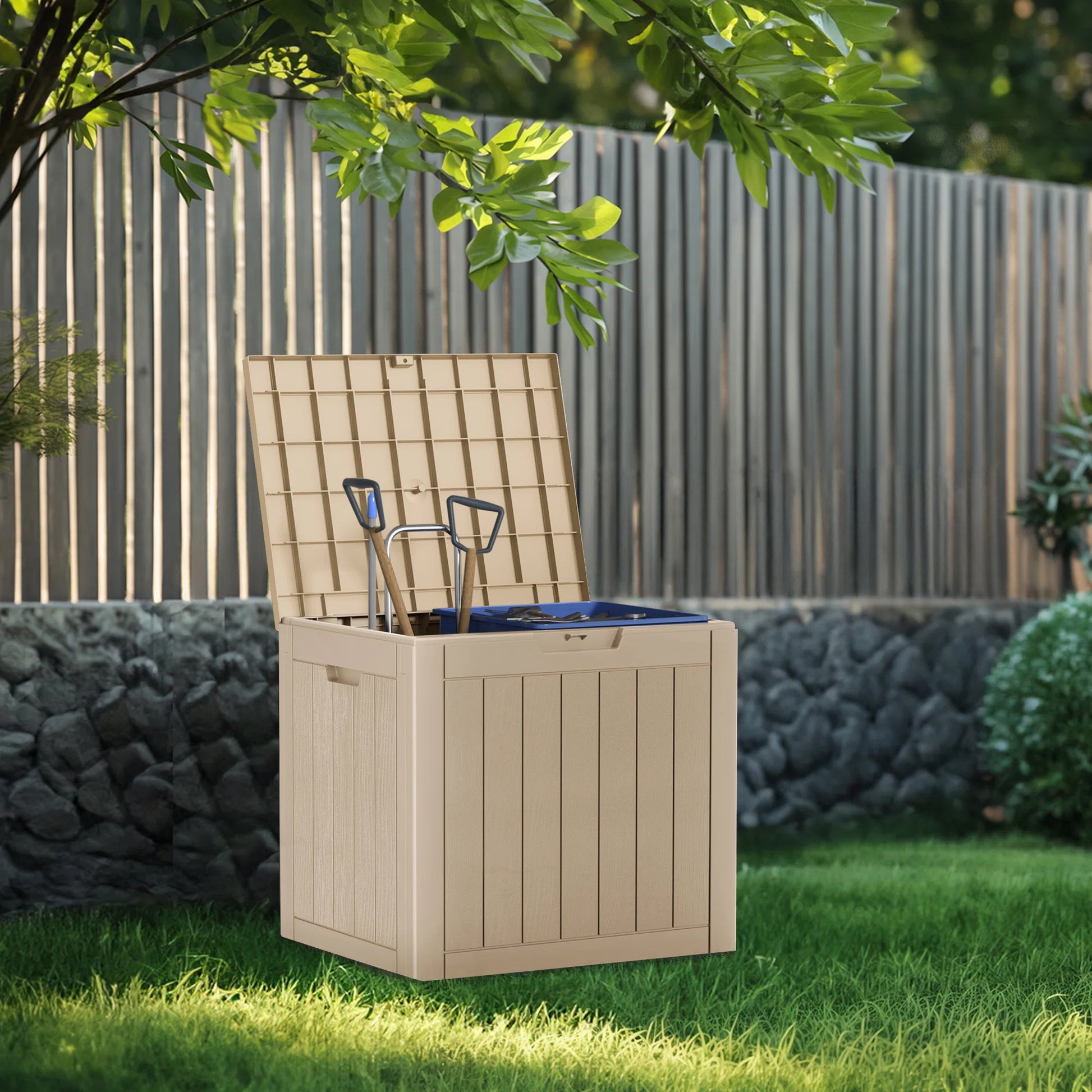 30 Gallon Deck Box, Water-Resistant Resin Outdoor Storage Box with Lockable Lid for Patio