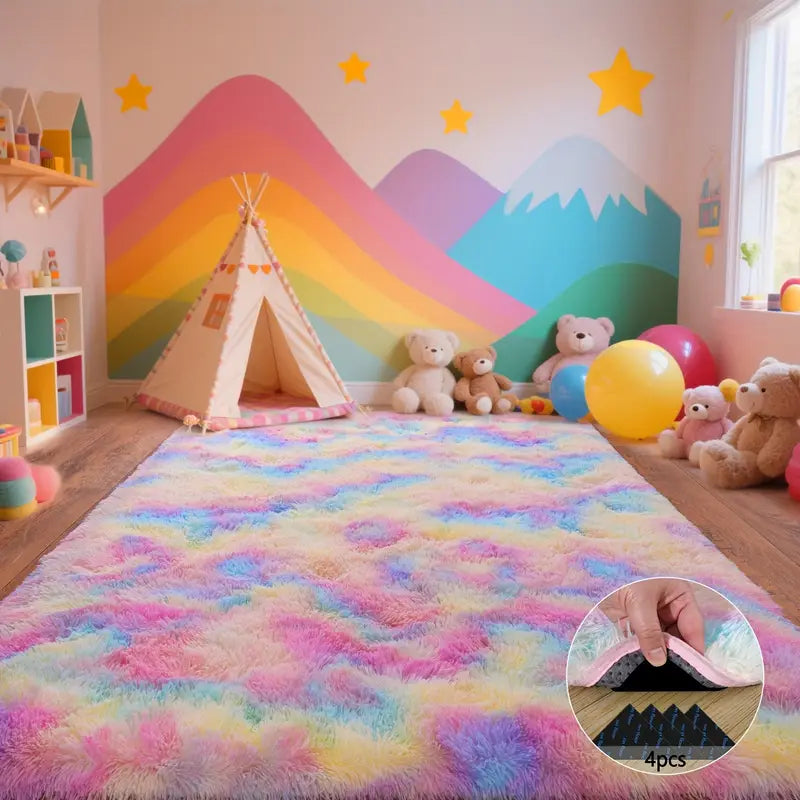 Rainbow Tie-Dye Fluffy Area Rug with Non-Slip Base & 4 Reusable Stickers, Plush Indoor Mat