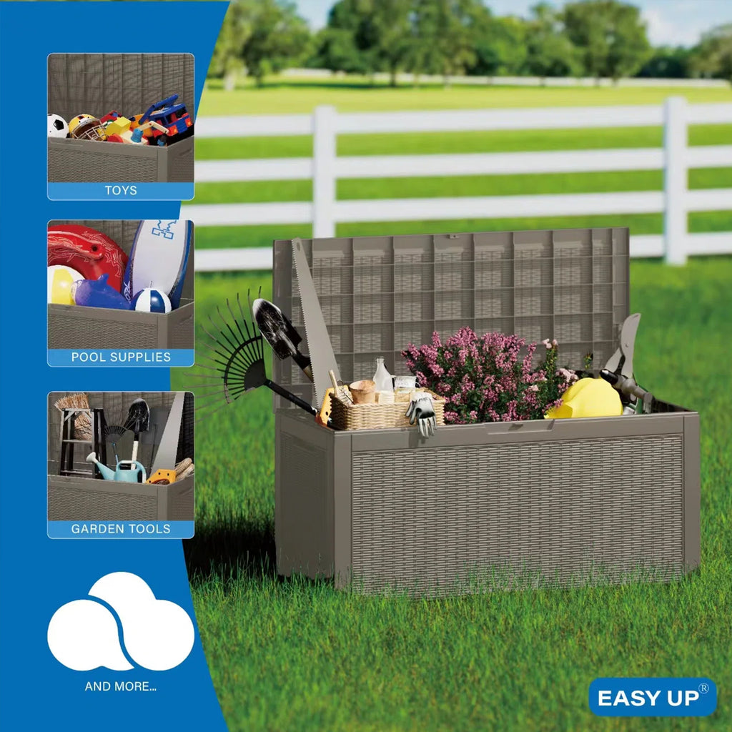 100 Gallon Outdoor Deck Box, Water-Resistant Resin Storage Box with Lockable Lid for Patio