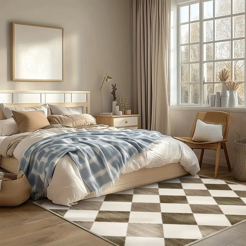 Modern Diamond Grid Beige Area Rug, Low Pile Washable Non-Slip Polyester Mat for Bedroom & Living Room