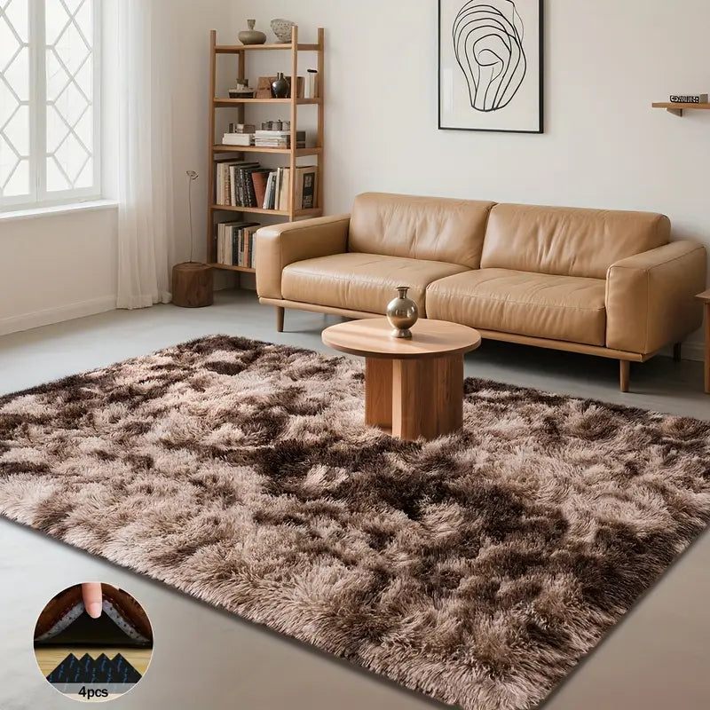 Brown Tie-Dye Shag Rug, Soft Plush Carpet with 4 Non-Slip Pads, Multiple Sizes for Bedroom or Living Room