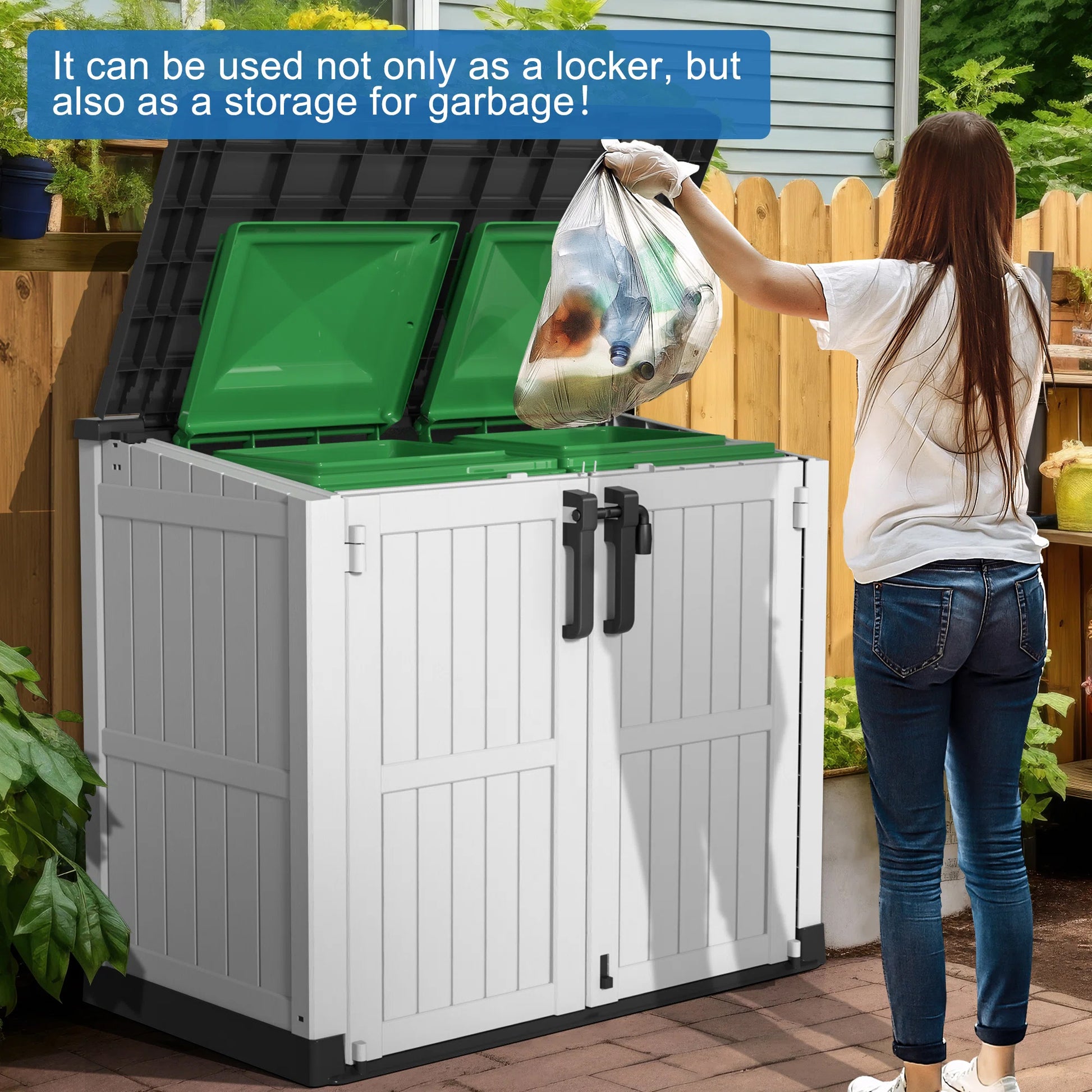 Chic Crate-Resin Tool Shed, 36 Cu Ft Waterproof Outdoor Horizontal Storage, Weather-resistant Utility Shed With Air Vent For Trash And Lockable Doors, Garden Tools （black And White）