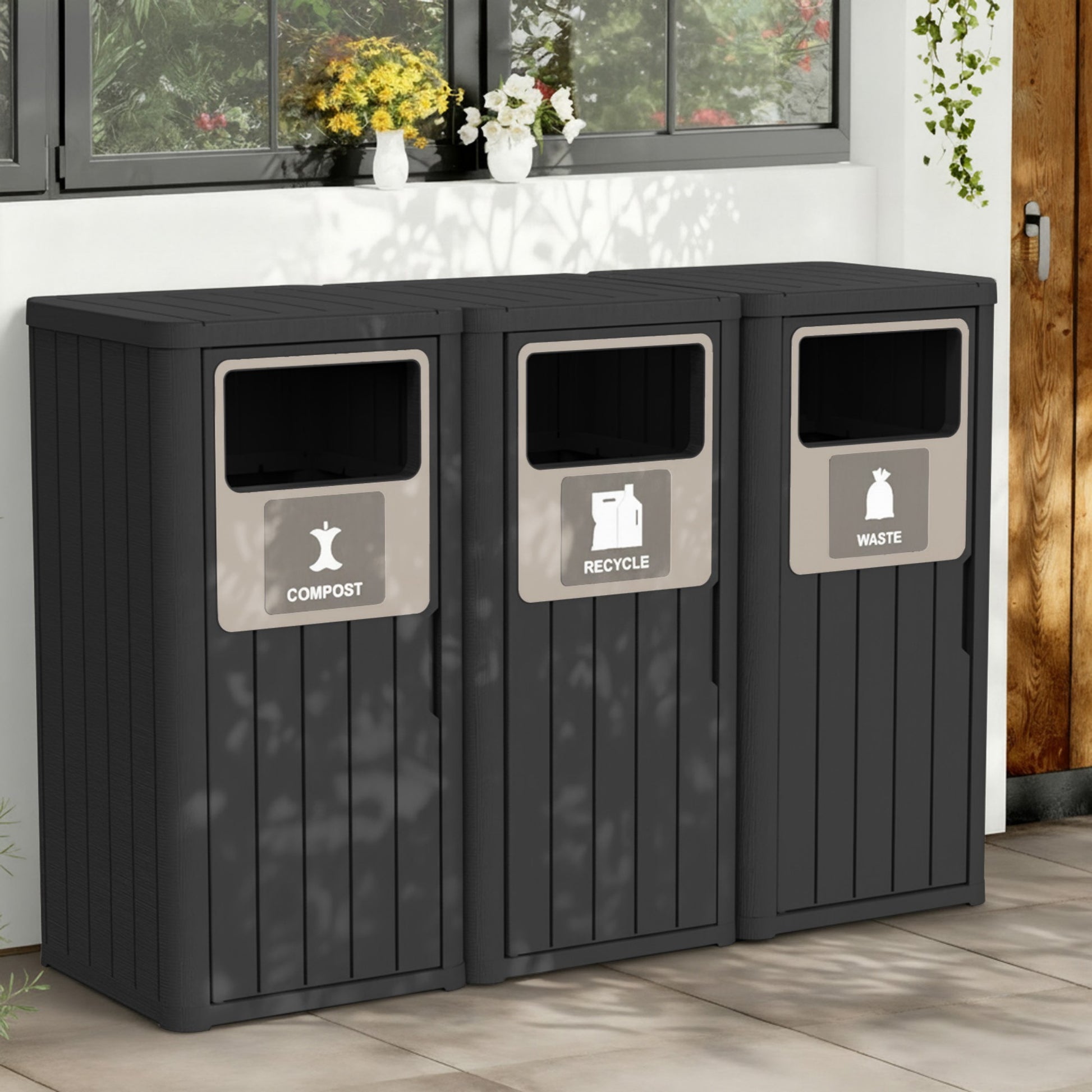 63 Gallon Outdoor Trash Bin, Resin Manual Lift Garbage & Recycling Storage Deck Box with Lid Triple-Bucket
