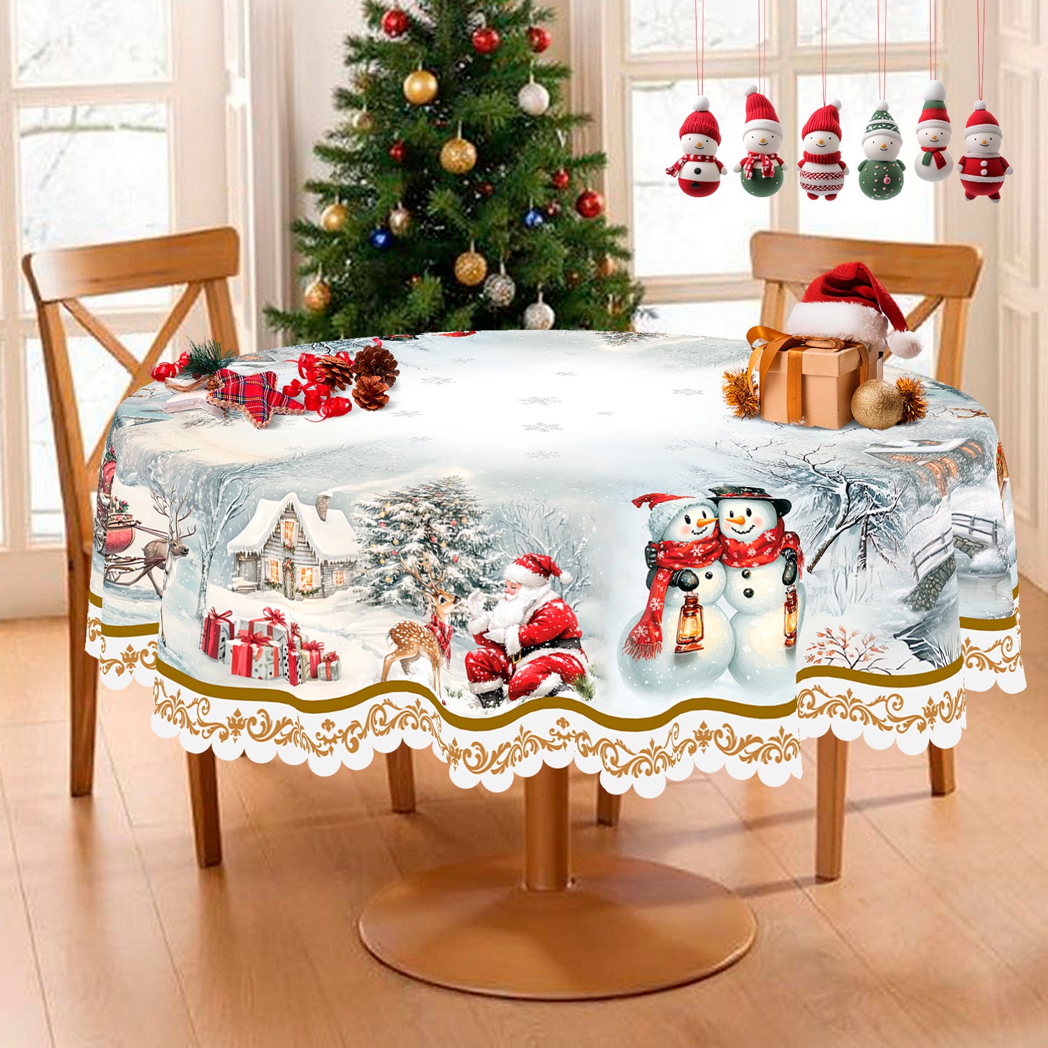 Christmas Tablecloth, Blue Snowman Snowflake Tablecloth, Washable Tablecloth for Winter Christmas Party Home Kitchen Decoration