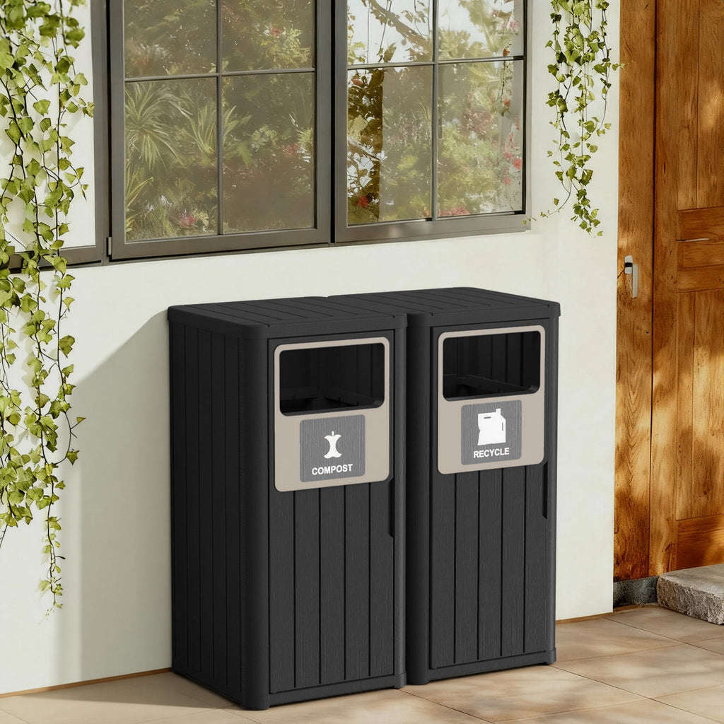42 Gallon Outdoor Trash Bin, Resin Manual Lift Garbage & Recycling Storage Deck Box with Lid Double-Bucket