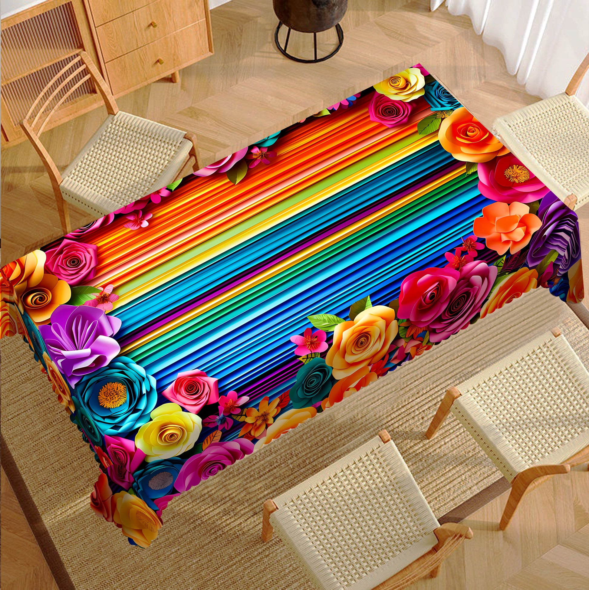 Mexican Floral Tablecloth, Colorful Fiesta Style Dustproof Easy-Care Dining Table Cover for Indoor Outdoor Decor