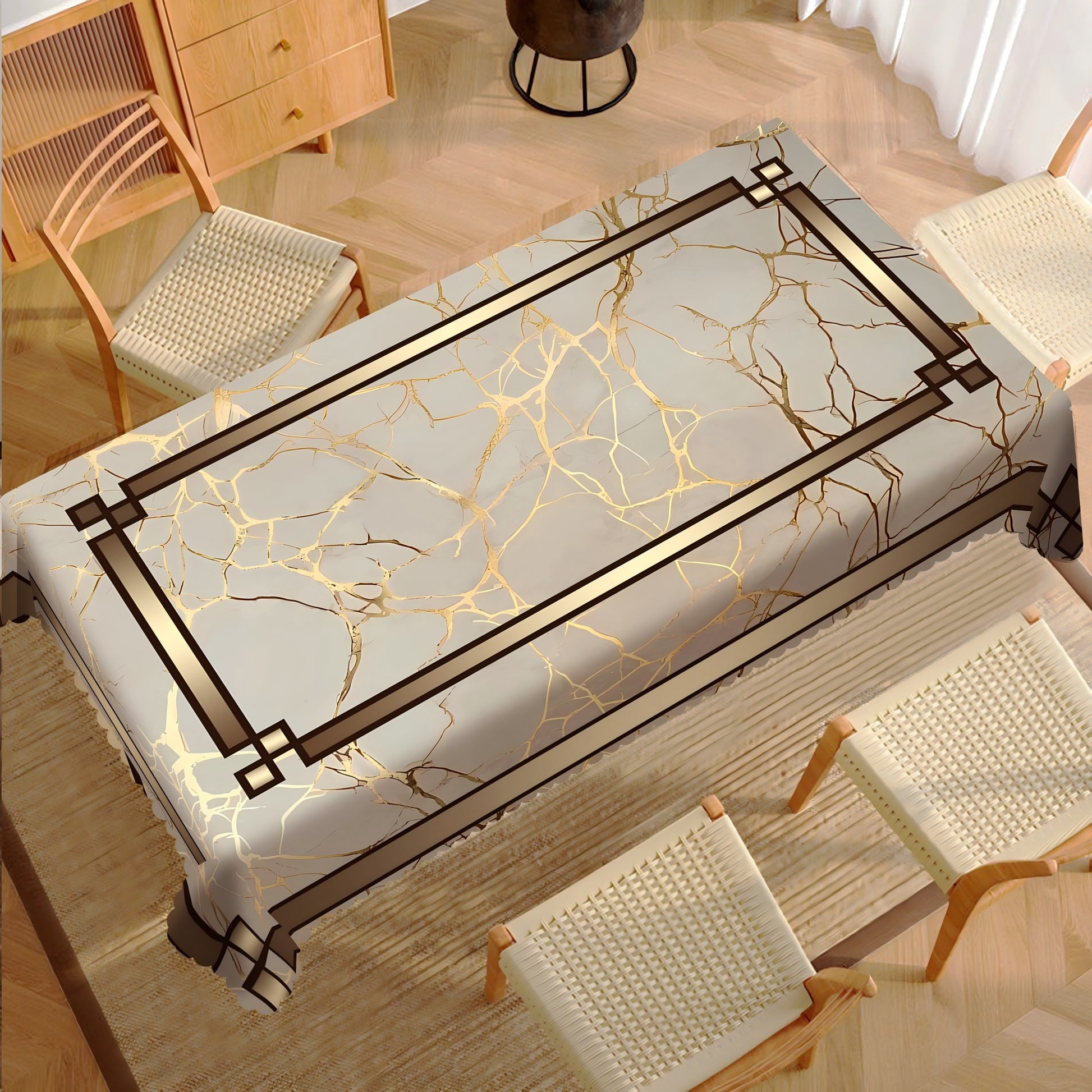 Vintage Golden stripes Tablecloth, Dustproof Easy-Care Dining Table Cover for Indoor Outdoor Use and Festive Home Decor