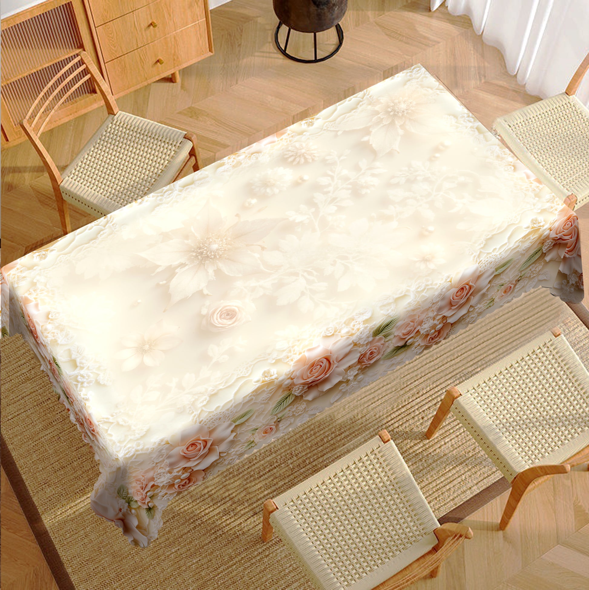 Floral Tablecloth with Colorful Flowers, Dustproof Easy-Care Dining Table Cover for Indoor Outdoor Use and Festive Home Decor