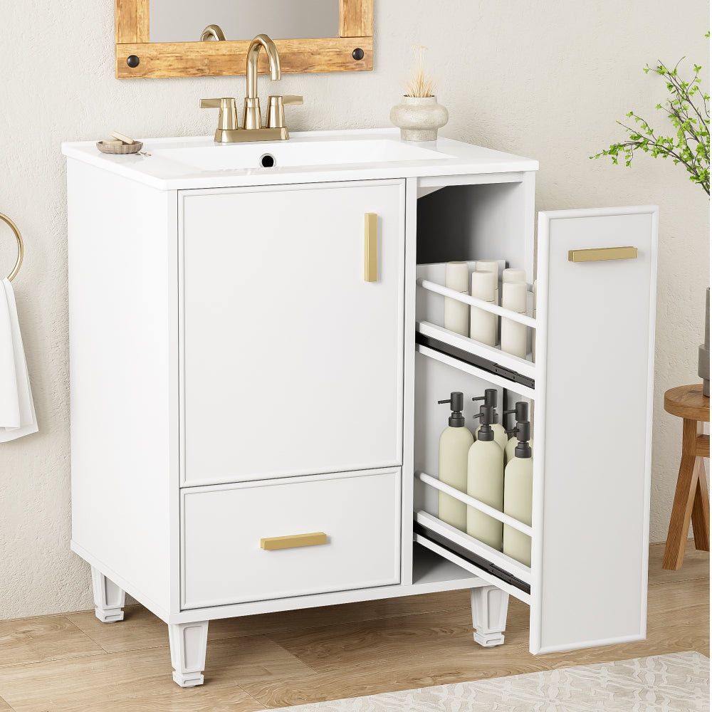 Chic Crate-24" Modern Bathroom Vanity – Sink & Deep Drawer | 2-Tier Pull-Out Basket | Solid Wood Frame | White
