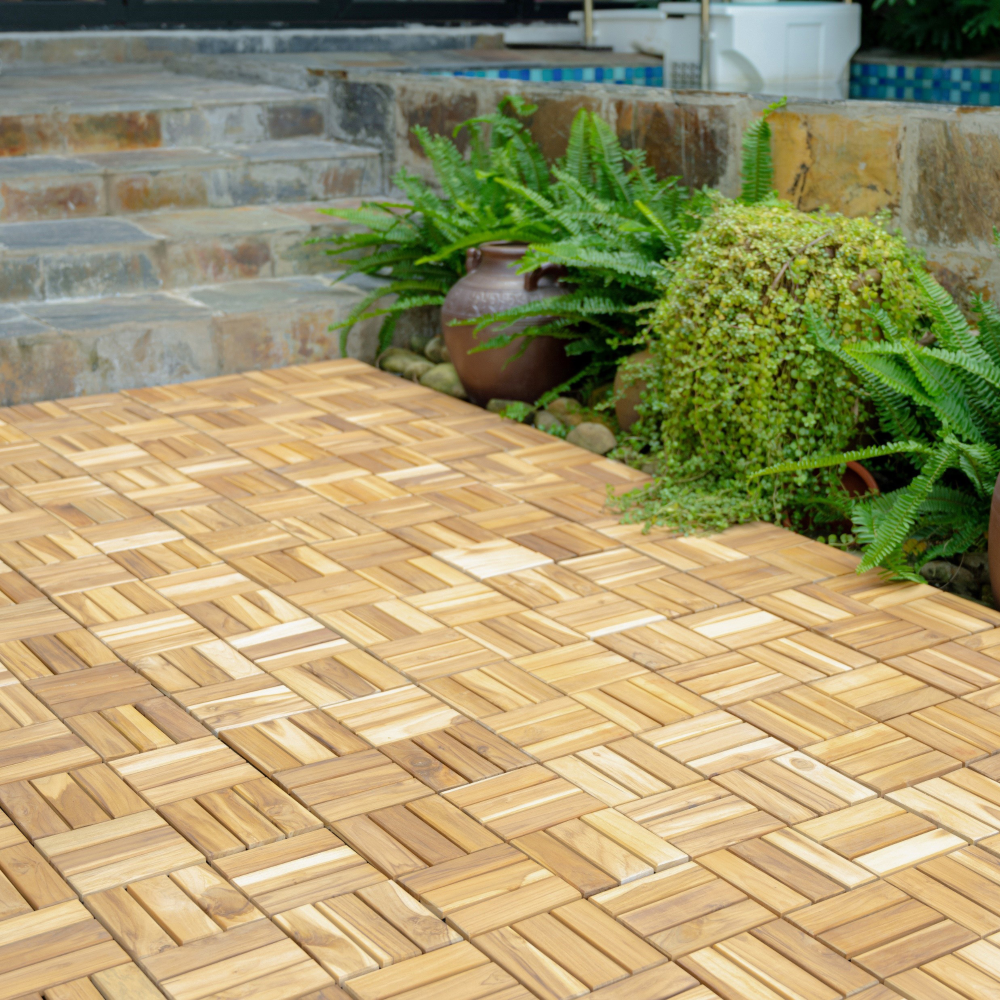 Chic Crate 10Pcs 12'' Yellow Acacia Hardwood Interlocking Deck Tiles – Checkerboard Pattern