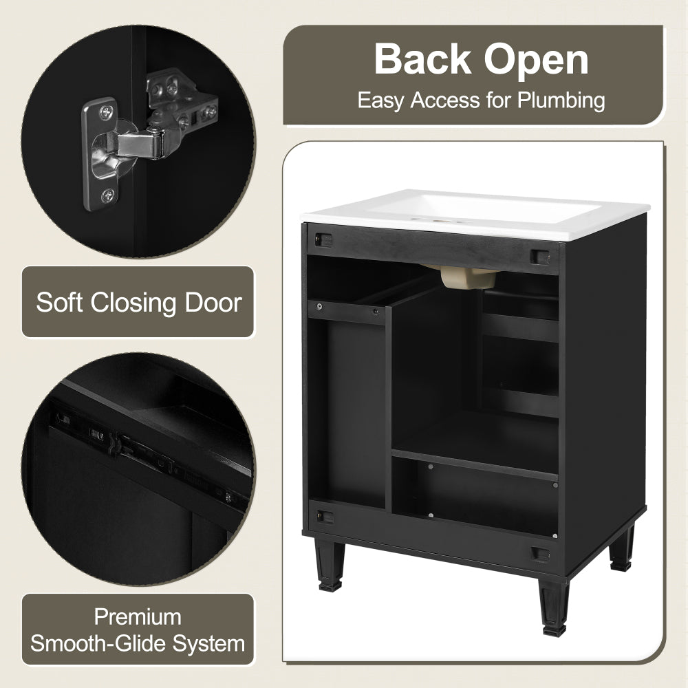 Chic Crate-24" Modern Bathroom Vanity – Sink & Deep Drawer | 2-Tier Pull-Out Basket | Solid Wood Frame | Black