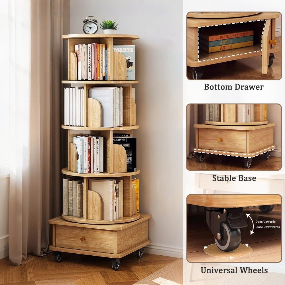 Chic Crate-5-Tier Rotating Bookshelf – 360° Display | Wheels+Drawer | Space-Saver | Bedroom/Living Room/Office | Wood