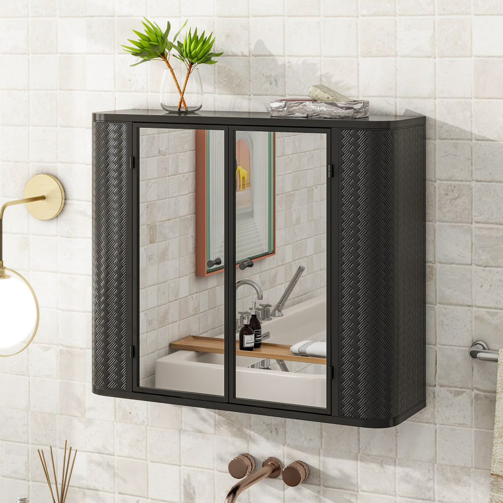 Chic Crate Black Wall-Mounted Vanity – 2 Mirrored Doors & Open Shelf | Farmhouse Metal Frame | Over-the-Sink