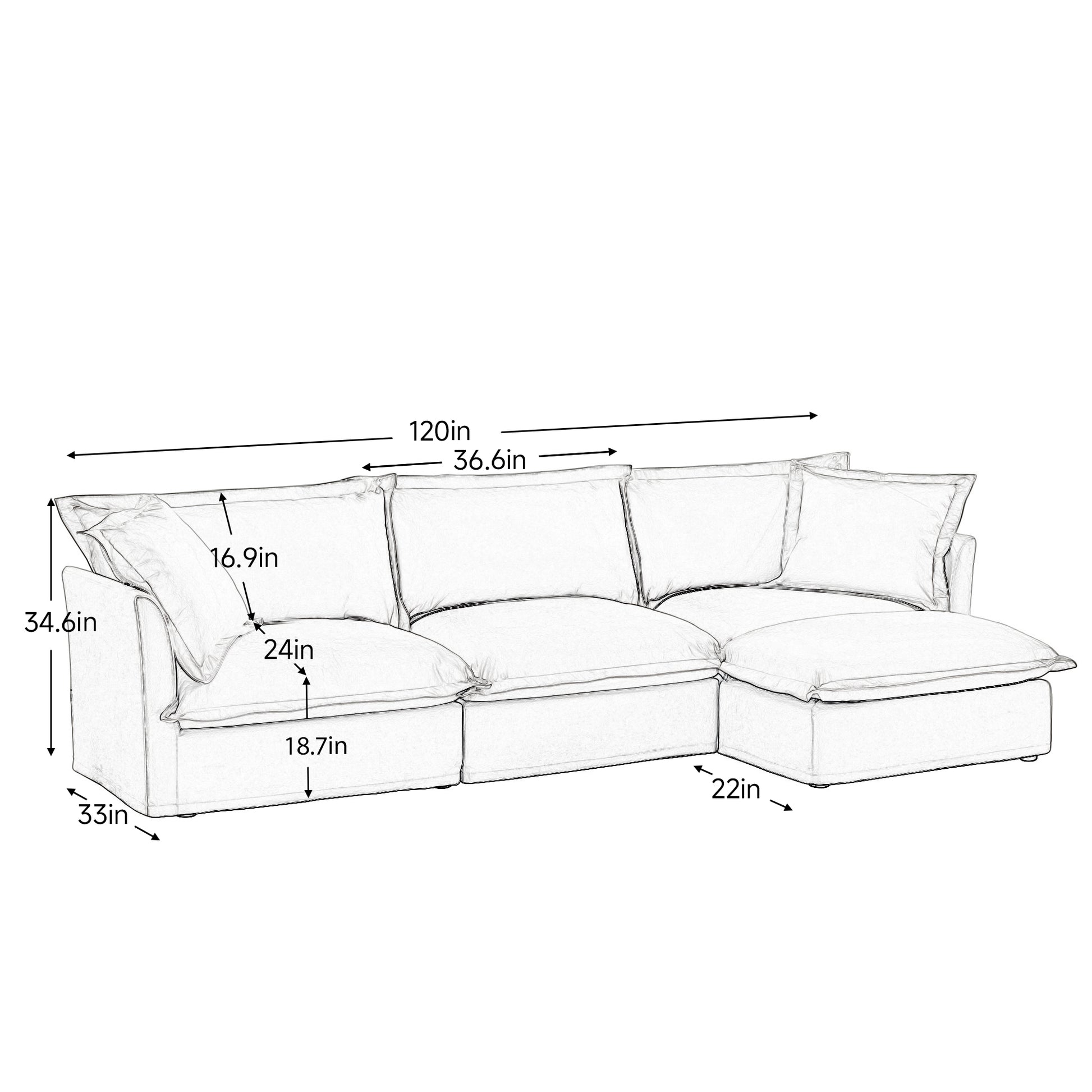Comfy L-Shaped Sectional Sofa, Oversized Cloud Couch with Convertible Ottoman for Living Room