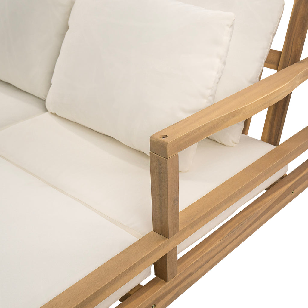 Outdoor Daybed, Patio Daybed with Four Pillows, Wooden Outdoor Bed with Curved Armrests for Poolside, Backyard, Garden