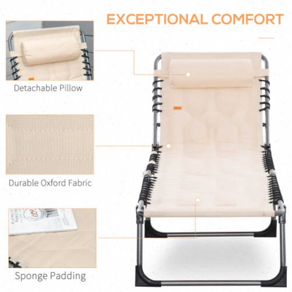 Padded Folding Chaise Lounge Chair, Outdoor Reclining Tanning Chair with Headrest for Beach, Yard, Patio & Pool, Beige