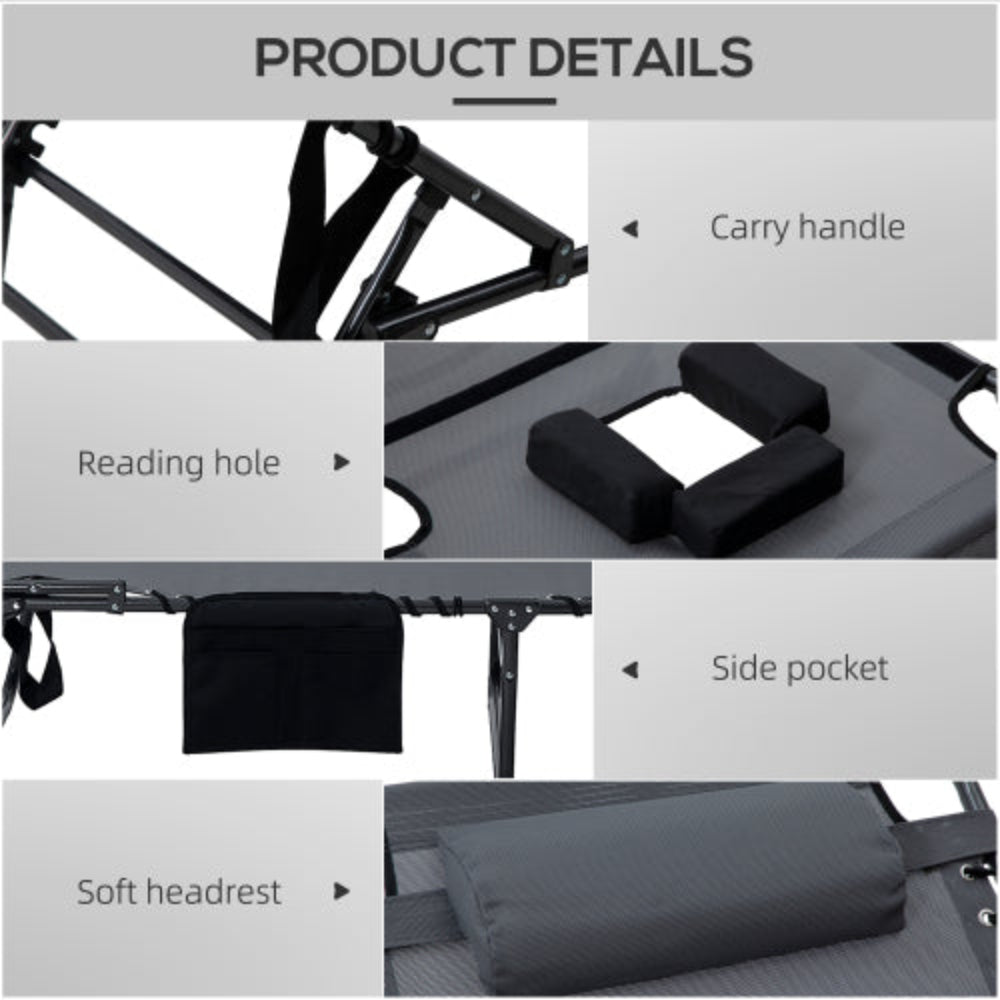 2-Piece Folding Chaise Lounge Chairs, Outdoor Tanning Chairs with Reading Face Hole, Side Pocket & Headrest for Beach, Yard, Patio, Gray