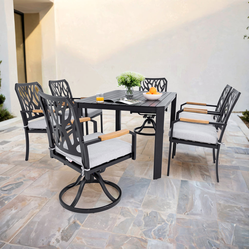 7-PC Outdoor Patio Aluminum Furniture Set, with 4 Dining Chairs & 2 Swivel Rockers Sunbrella Fabric Cushioned, Nature-Inspired Branch-Like Backrest, Rectangular Table with Umbrella Hole,Bourbon Brown