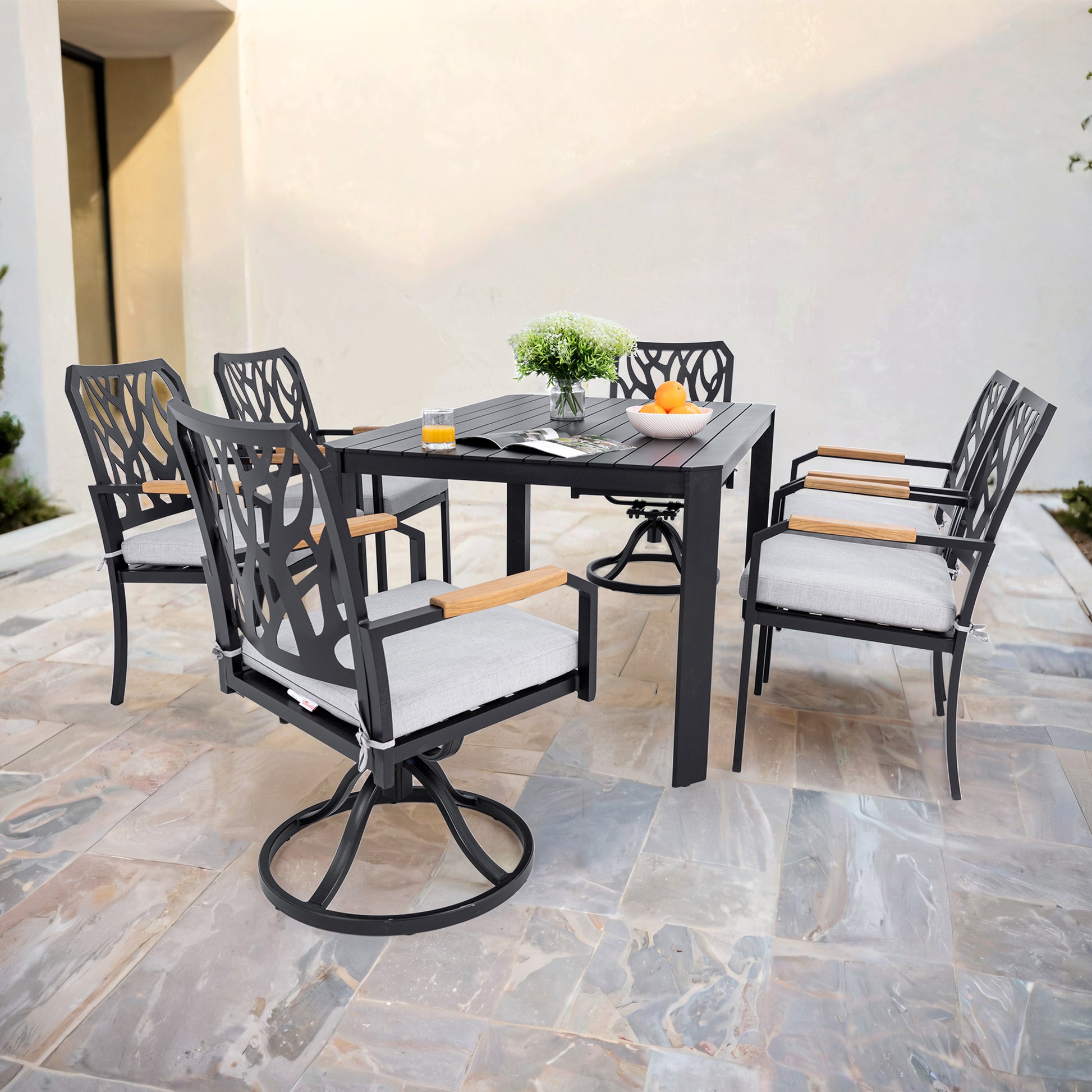 7-PC Outdoor Patio Aluminum Furniture Set, with 4 Dining Chairs & 2 Swivel Rockers Sunbrella Fabric Cushioned, Nature-Inspired Branch-Like Backrest, Rectangular Table with Umbrella Hole,Bourbon Brown