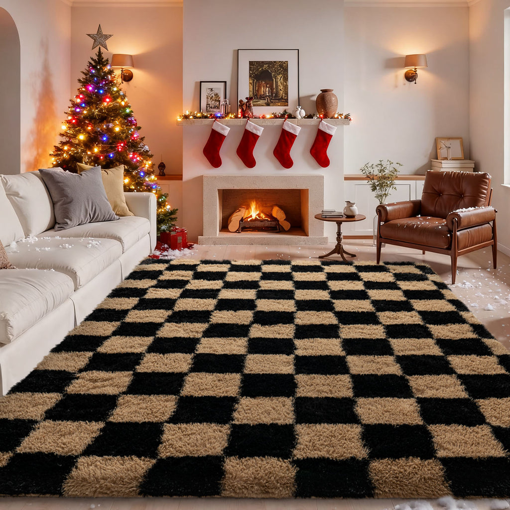 5x7 Feet Checkered Area Rugs For Living Room, Black Modern Super Soft Fluffy Rugs for Bedroom Home Aesthetic Decor