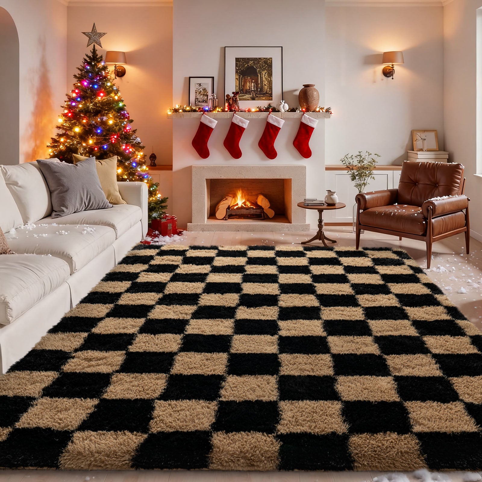 5x7 Feet Checkered Area Rugs For Living Room, Black Modern Super Soft Fluffy Rugs for Bedroom Home Aesthetic Decor