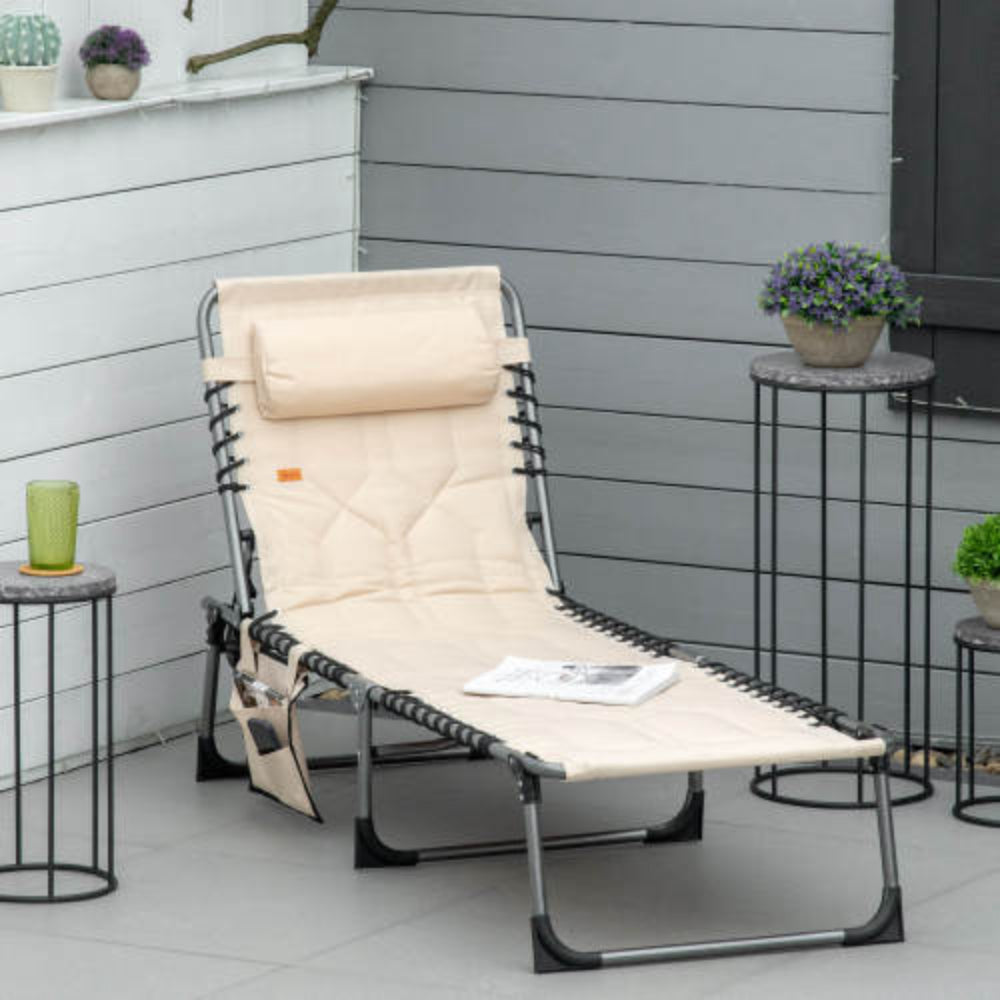 Padded Folding Chaise Lounge Chair, Outdoor Reclining Tanning Chair with Headrest for Beach, Yard, Patio & Pool, Beige