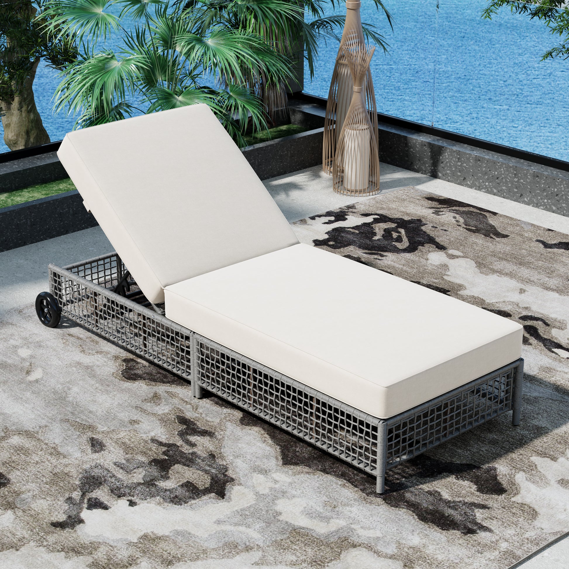 Outdoor Lounge Chair Set of 2, Patio Chaise Lounge with 5-Position Backrest, Rattan Outdoor Lounge Chair with Cushion and Wheels for Poolside, Backyard, Garden