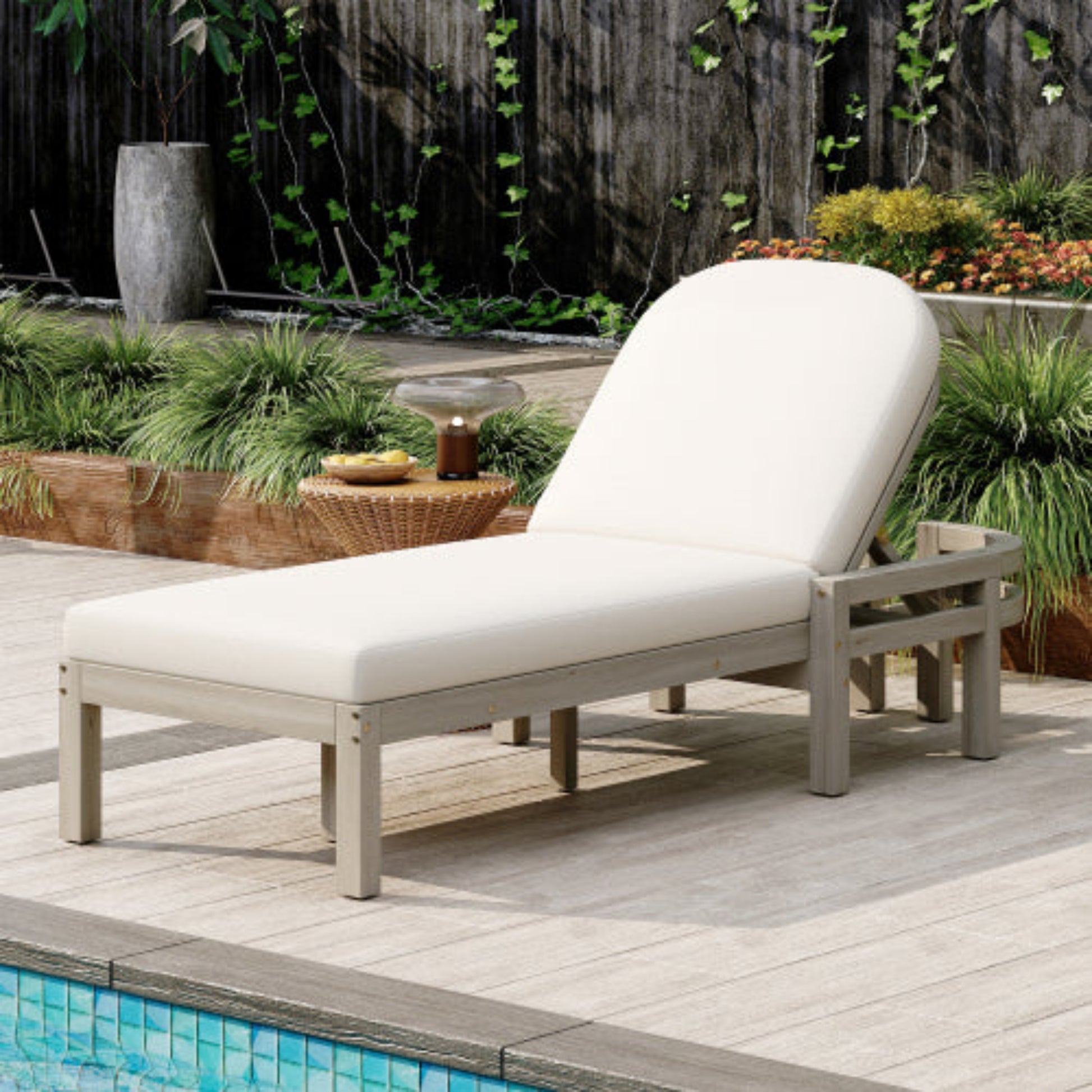 Outdoor Chaise Lounge Premium Acacia Wood Recliner with Arched Backrest for Patio and Poolside