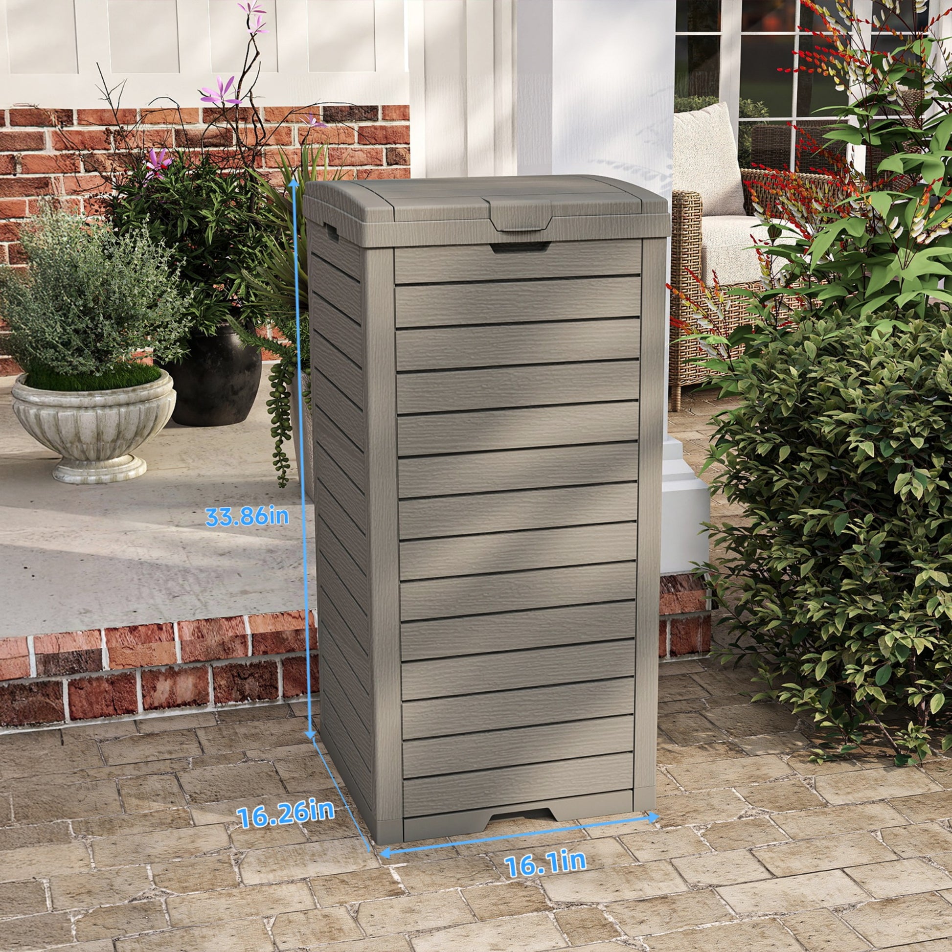 Outdoor Trash Bin, Resin Manual Lift Garbage & Recycling Storage Deck Box with Lid