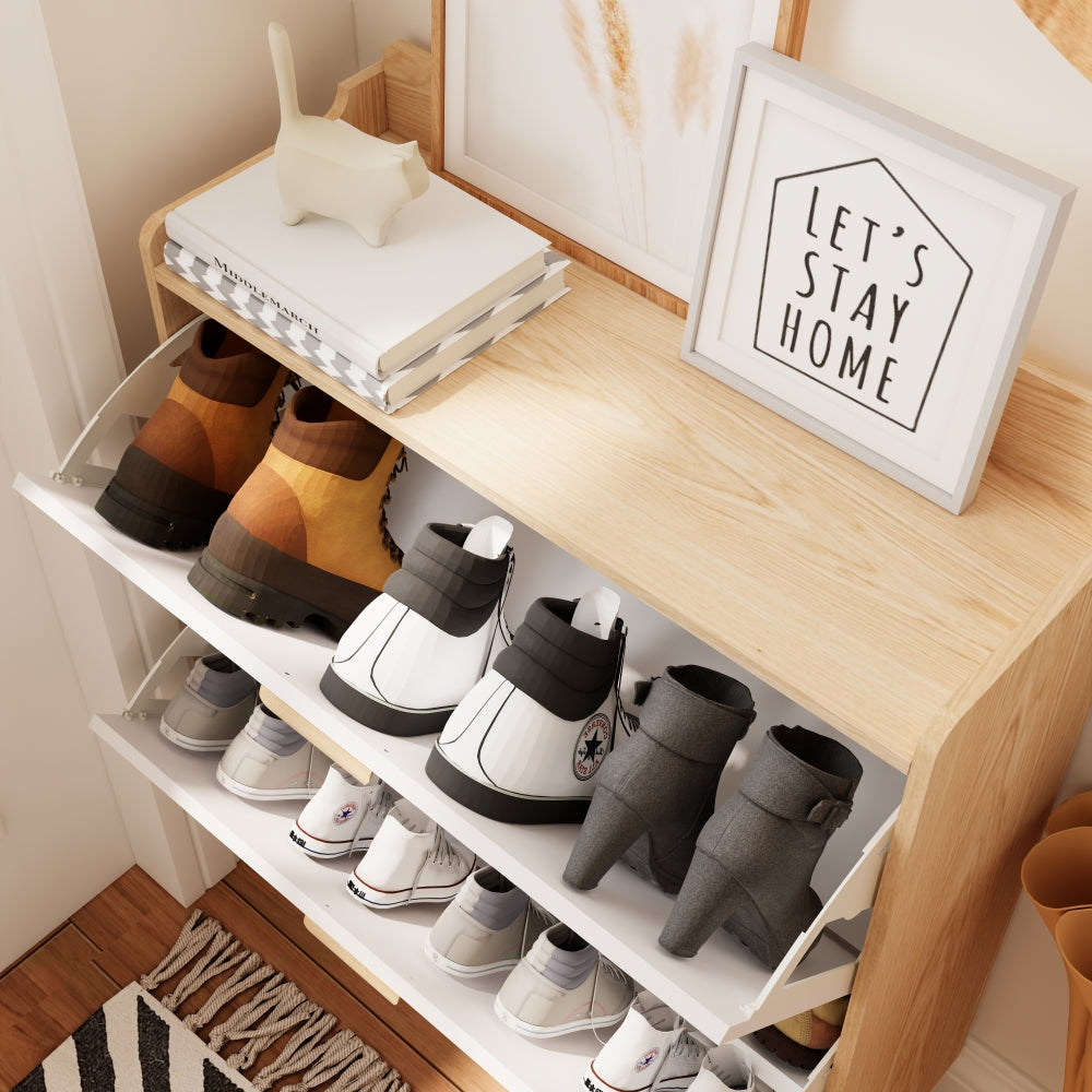 Chic Crate-31.5in Nordic Shoe Storage Cabinet – 2 Flip-Drawer Organizer | Solid Wood Legs | Entryway/Narrow | White/Solid Wood