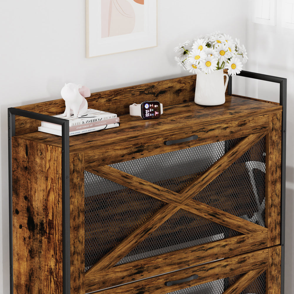 Chic Crate-2-Drawer Flip-Top Shoe Cabinet – Narrow | Entryway | Metal Legs | Rustic Brown | 31.5inx8.5inx39.5in