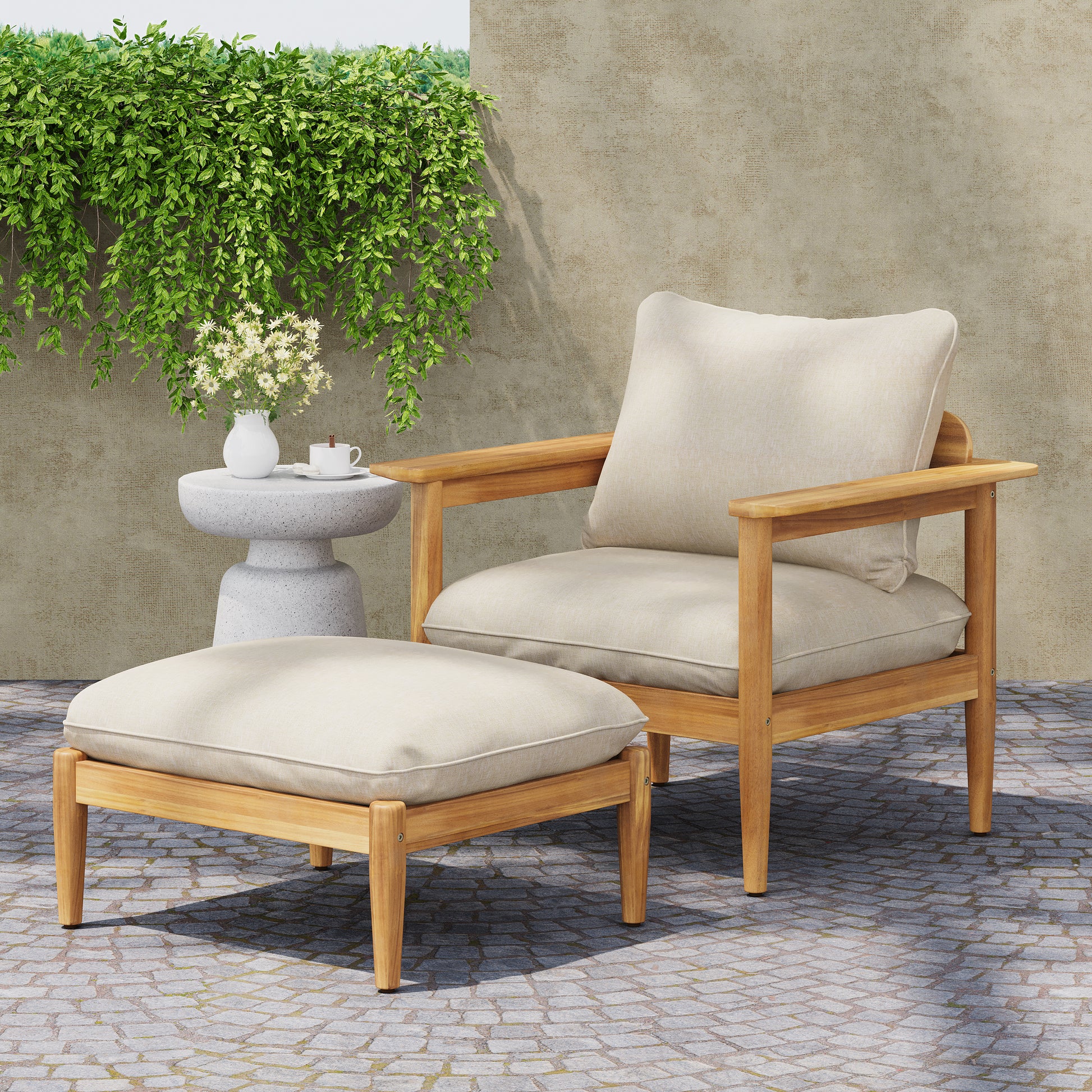 Modern Acacia Wood Outdoor Lounge Chair with Ottoman - Cushioned Patio Seating