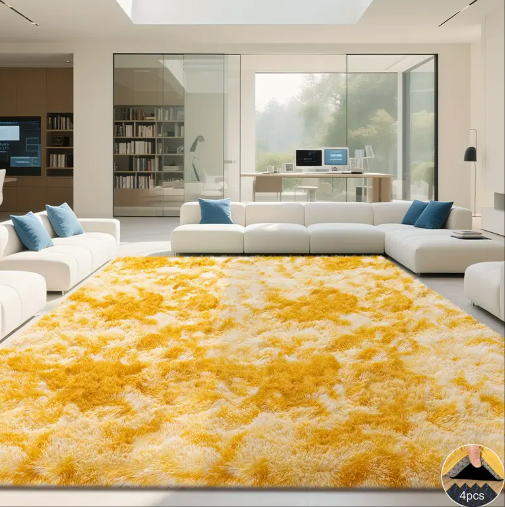 Tie-Dyed Yellow Area Rug with 4 Reusable Stickers, Soft Shaggy Non-Slip Mat for Home Decor