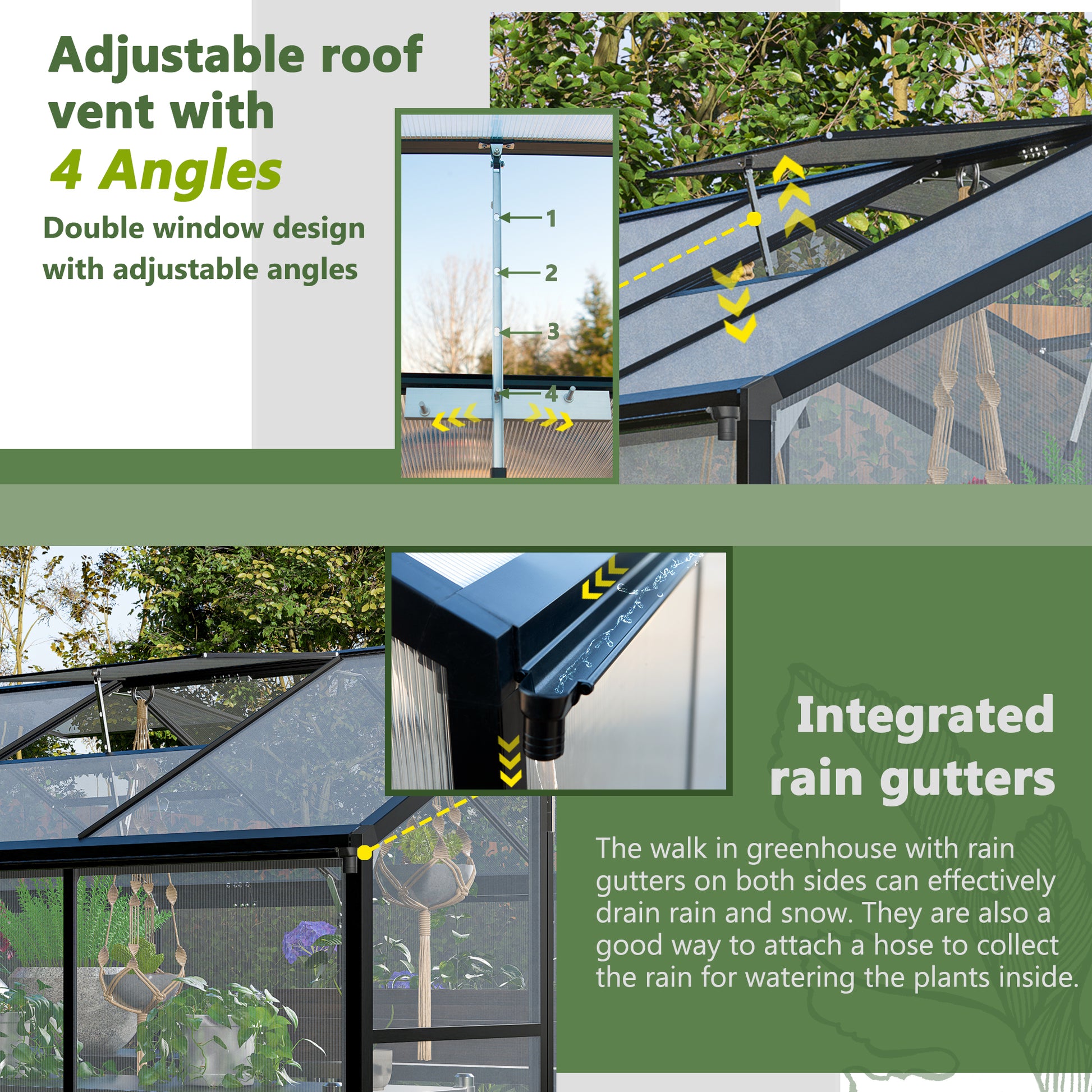 Outdoor Polycarbonate Greenhouse with Roof Vent, Quick-Setup Aluminum Walk-in for Garden Backyard