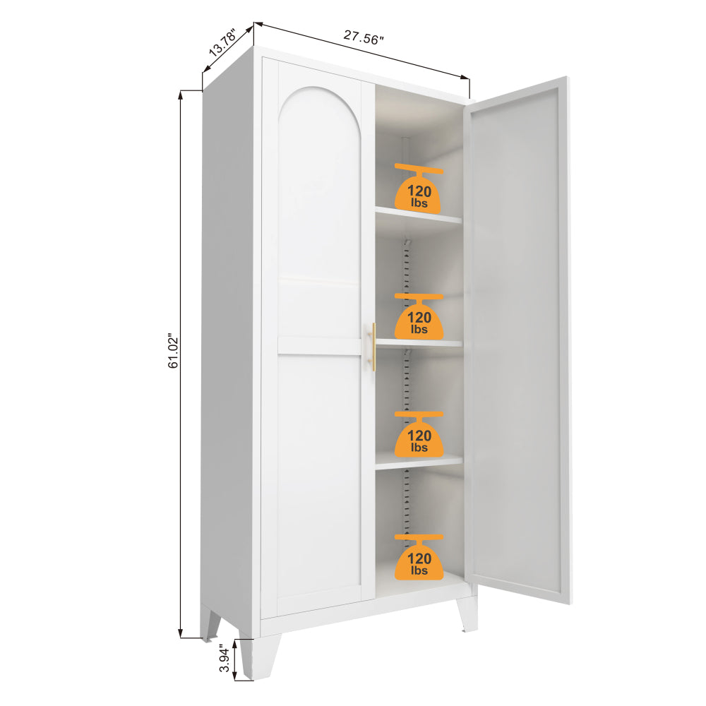 Chic Crate 61'' 2 Shapely-Door Metal Cabinet – Lockable, Adjustable Shelves for Kitchen/Bedroom/Living Room (White)