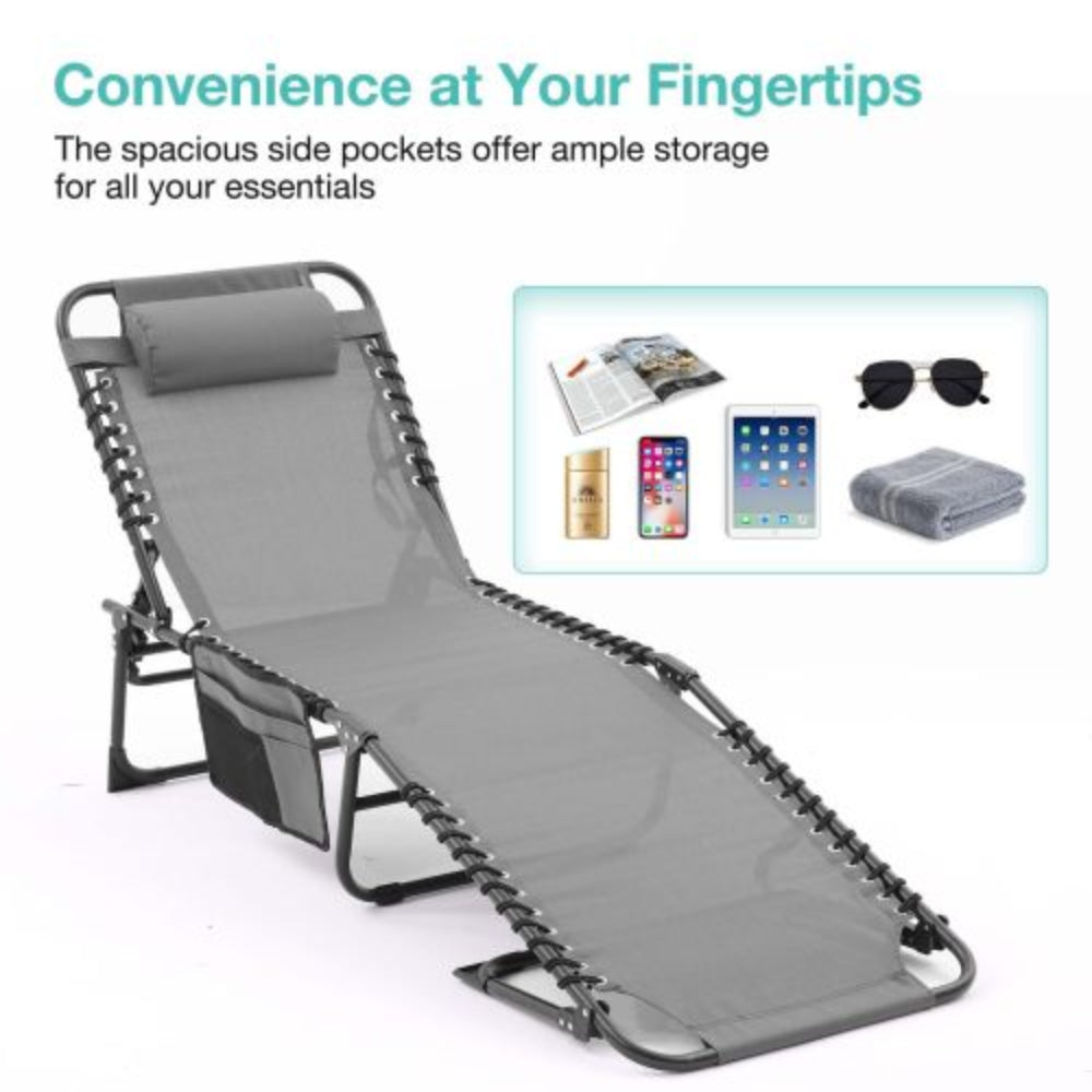 Folding Outdoor Chaise Lounge Chair with 4-Position Reclining Back, Breathable Mesh Seat, Patio Sun Tanning Chair for Pool, Beach, Yard