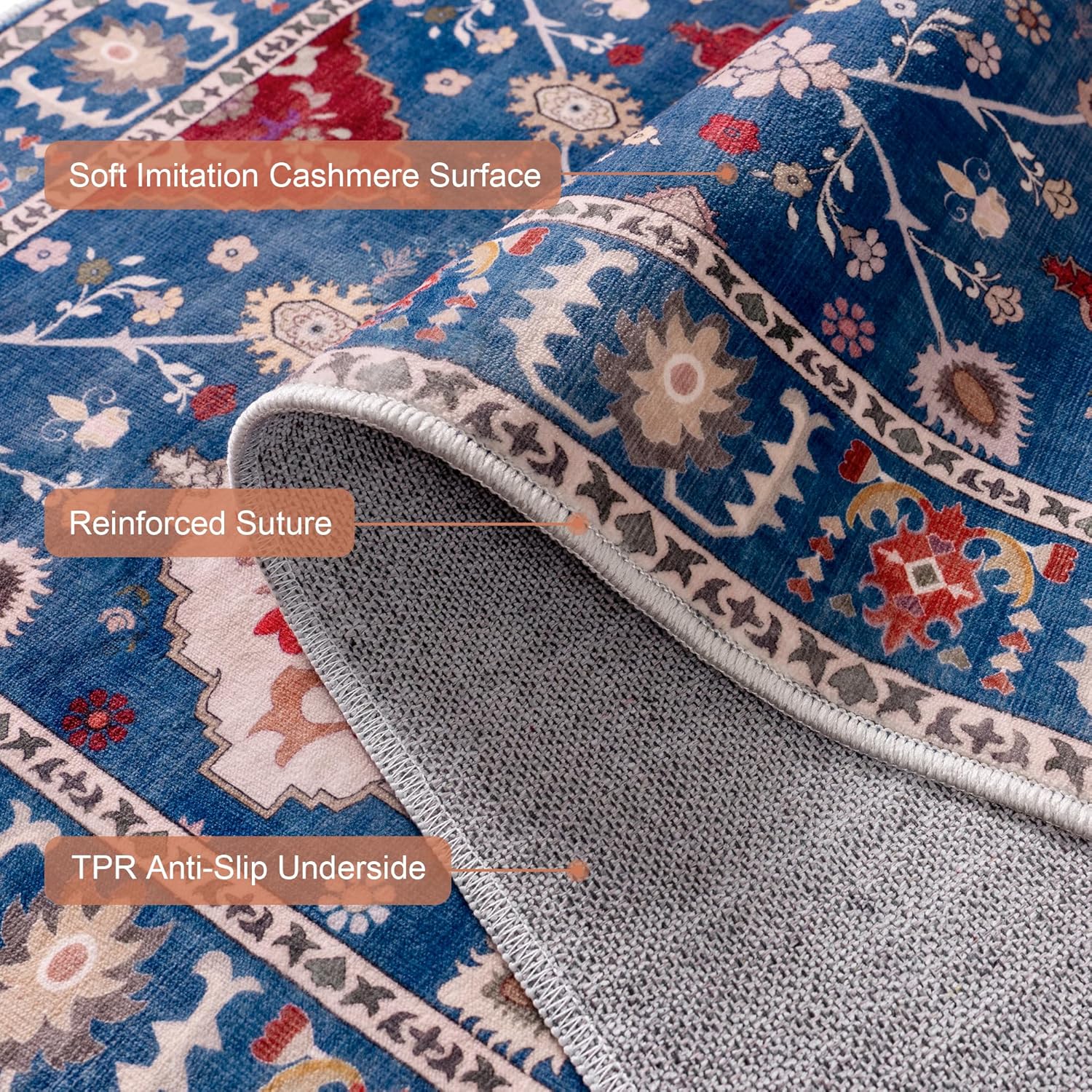 Washable Area Rug, Non-Slip Vintage Floral Carpet for Living Room Bedroom, Kitchen Dining Room Home Decor