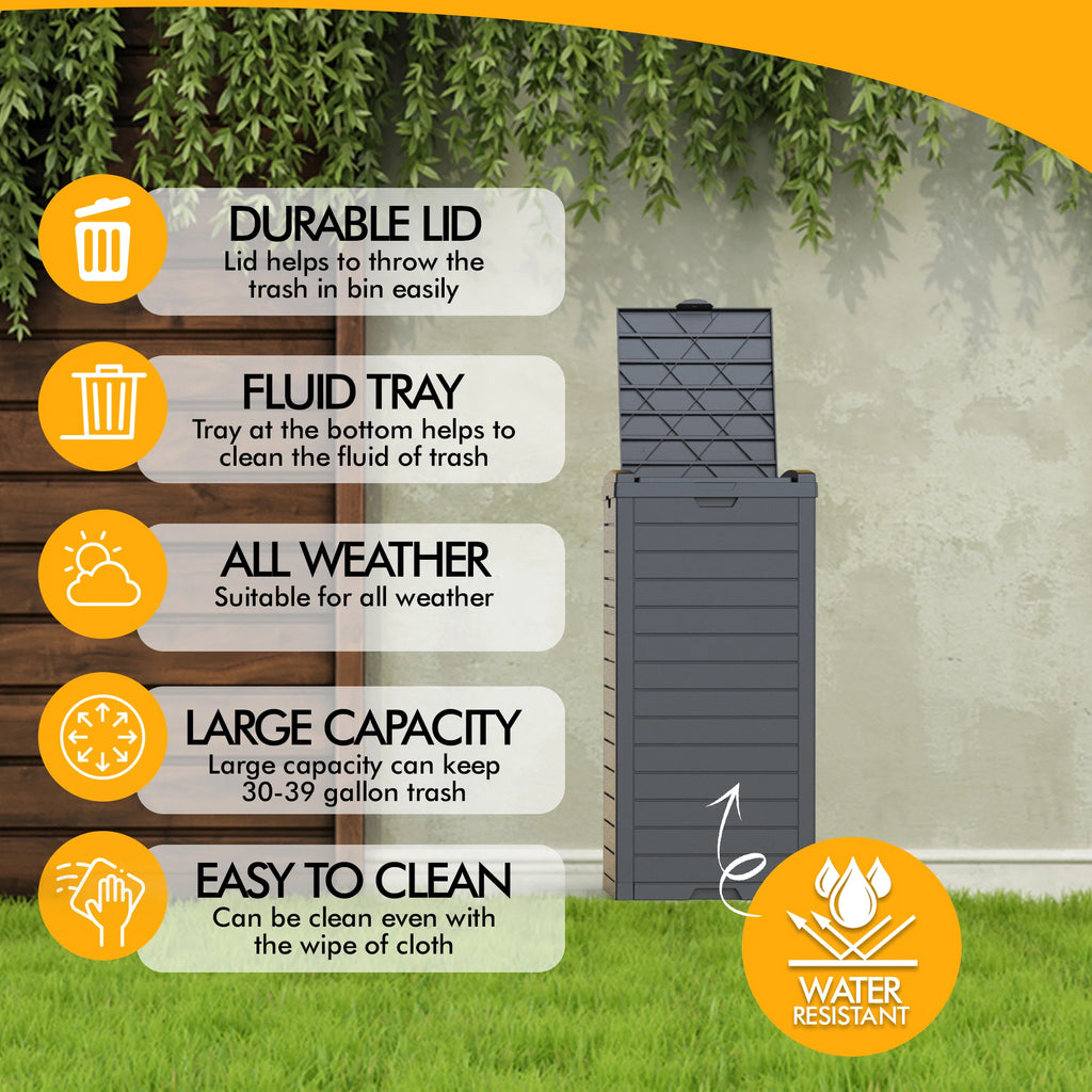 31 Gallon Outdoor Trash & Recycling Bin, Resin Deck Box with Manual Lift Lid for Garbage Storage